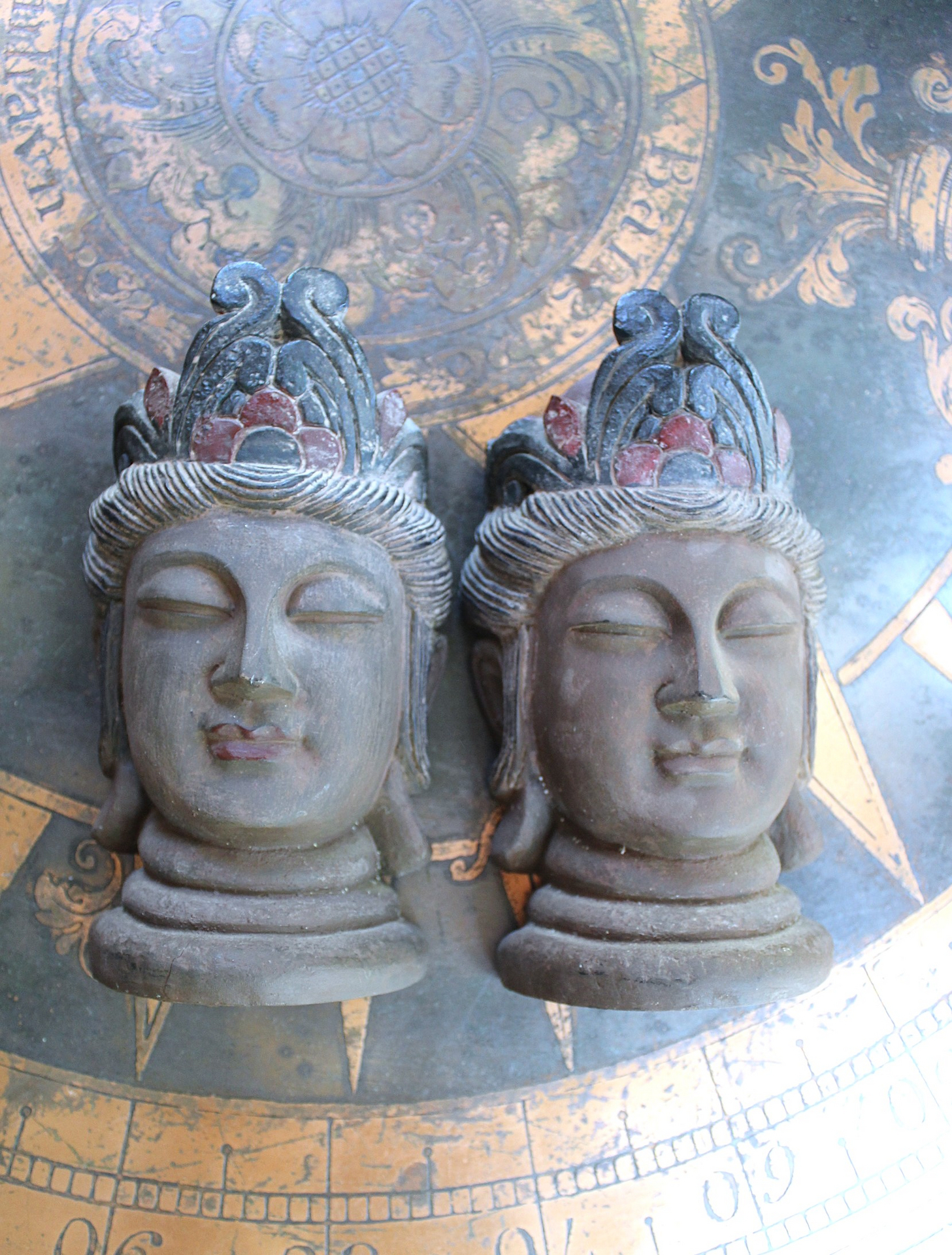NEW! Heavy Hard Wood Carved & Painted Buddha Bookends