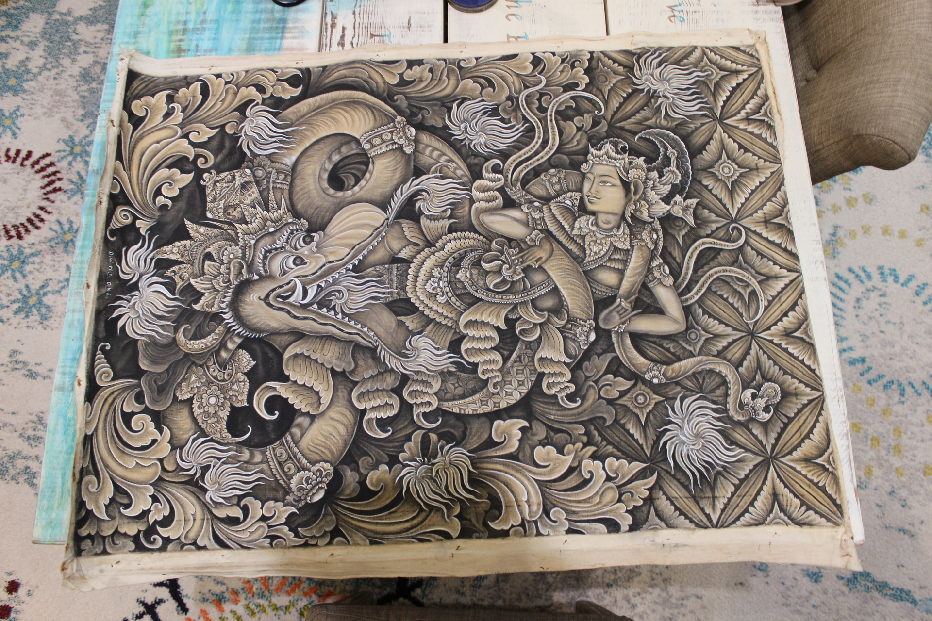 NEW! Signed Painting by Renowned Bali Artist I Dewa Made Oka Wiri - most likely of the Barong Lundung legend