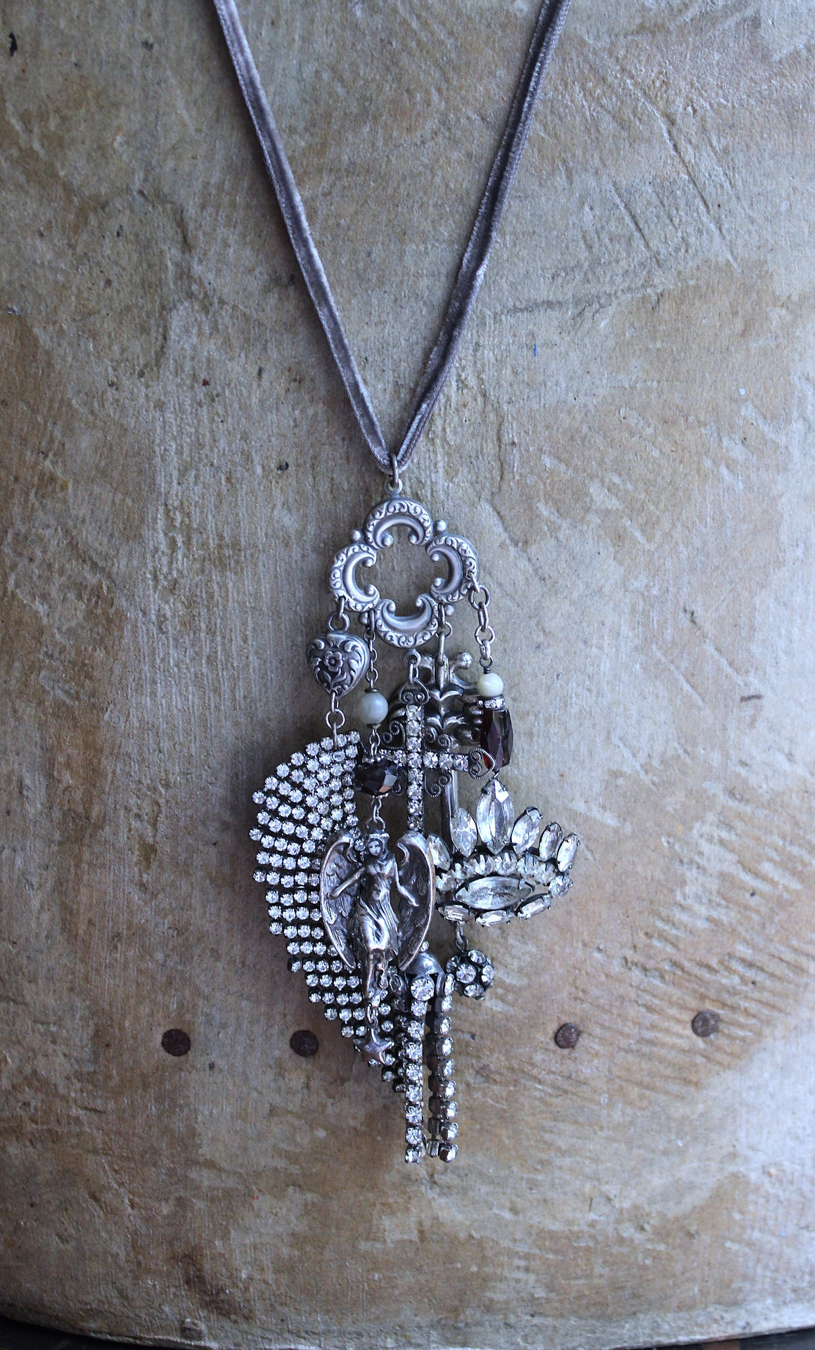 NEW! He will Cover you with His Wings Necklace with Sterling Angel,Rhinestone Wing,Eye of God Rhinestone Finding, Garnets, Antique Velvet Chain & More!