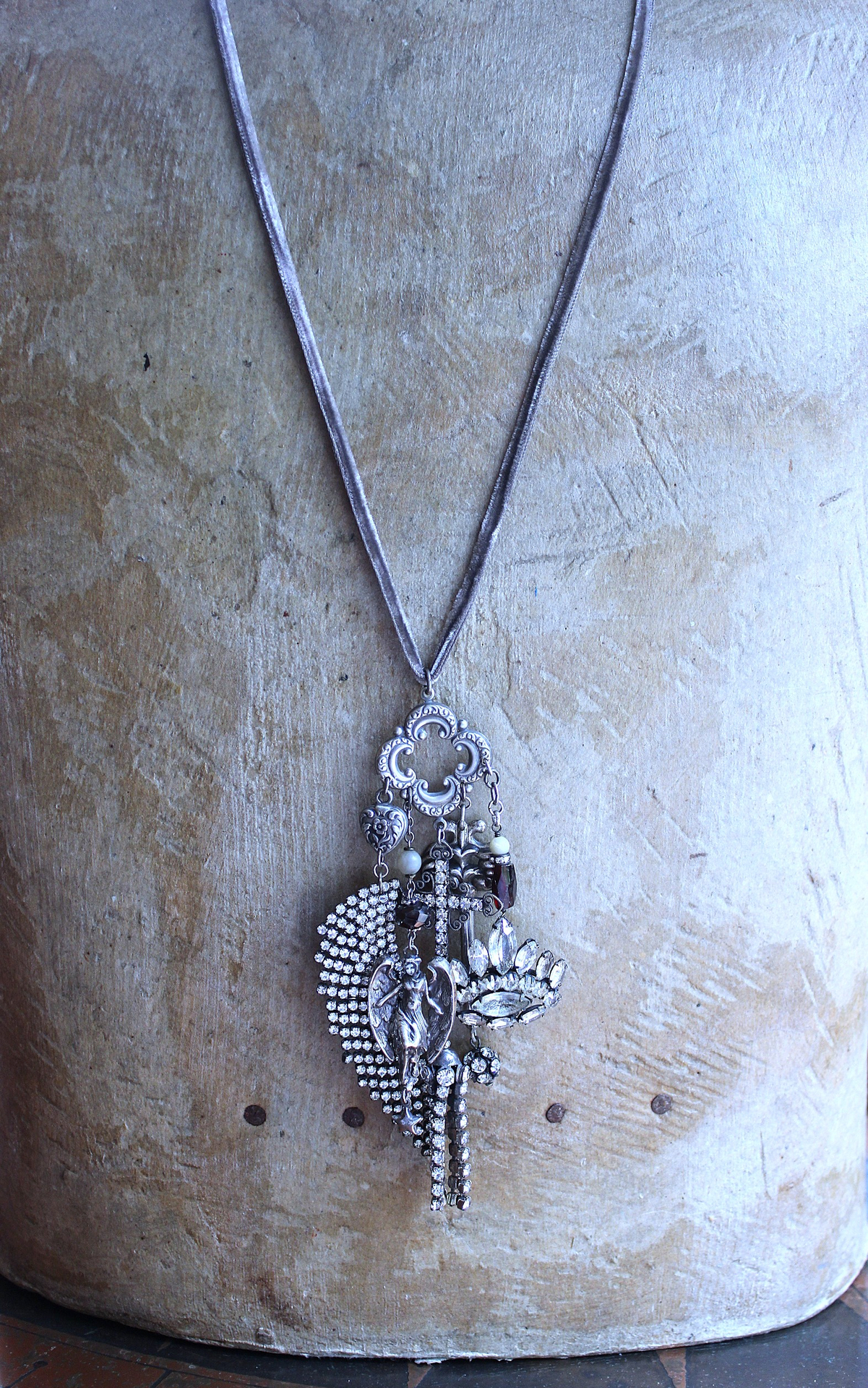 NEW! He will Cover you with His Wings Necklace with Sterling Angel,Rhinestone Wing,Eye of God Rhinestone Finding, Garnets, Antique Velvet Chain & More!