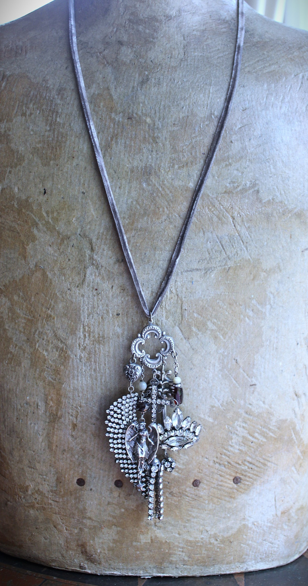 NEW! He will Cover you with His Wings Necklace with Sterling Angel,Rhinestone Wing,Eye of God Rhinestone Finding, Garnets, Antique Velvet Chain & More!