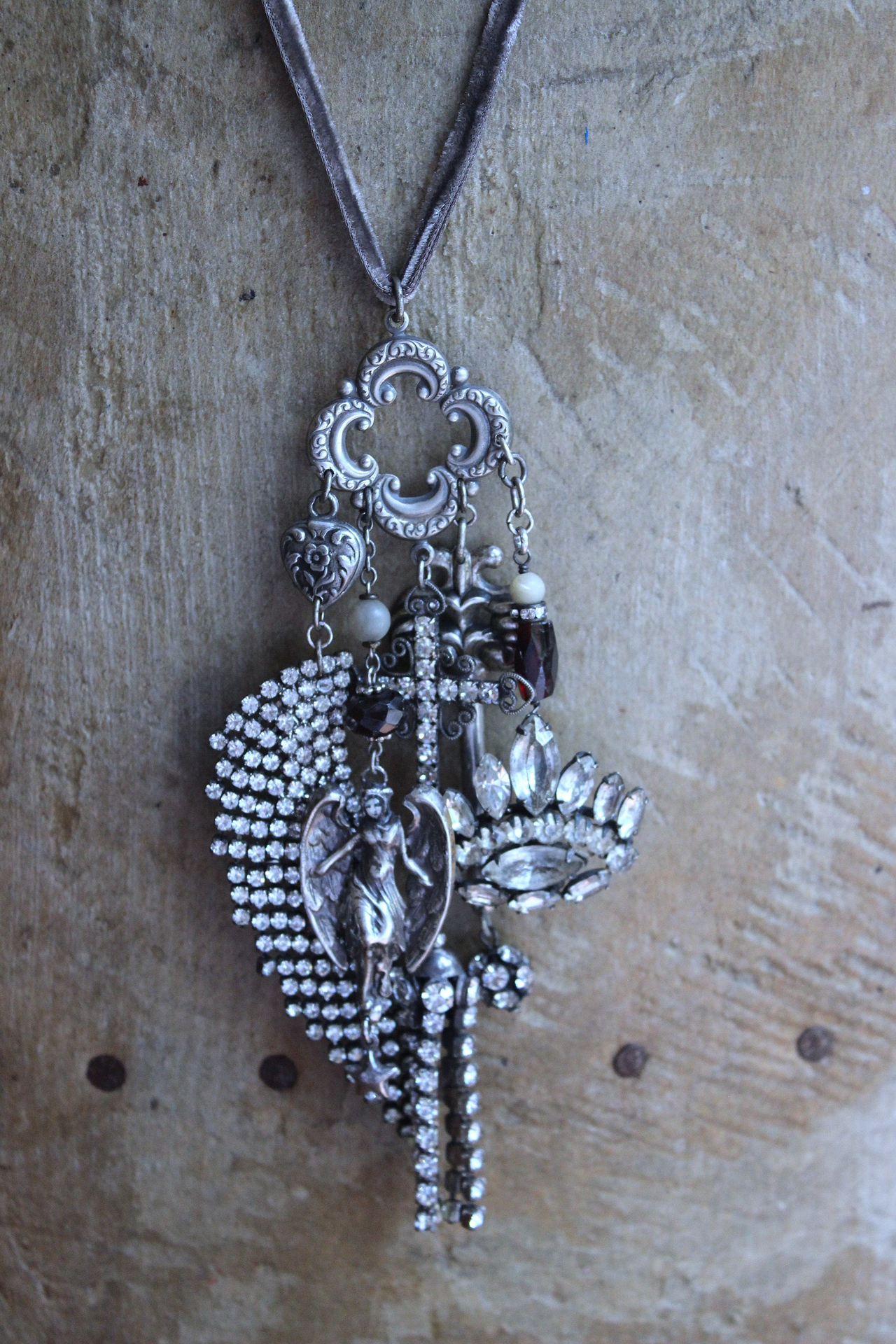NEW! He will Cover you with His Wings Necklace with Sterling Angel,Rhinestone Wing,Eye of God Rhinestone Finding, Garnets, Antique Velvet Chain & More!
