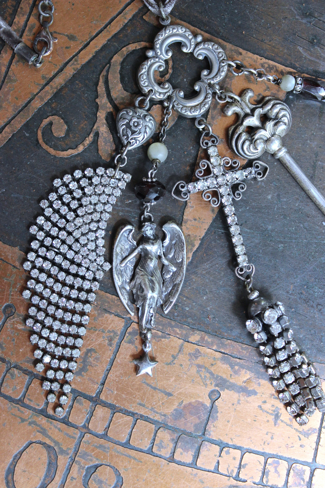 NEW! He will Cover you with His Wings Necklace with Sterling Angel,Rhinestone Wing,Eye of God Rhinestone Finding, Garnets, Antique Velvet Chain & More!