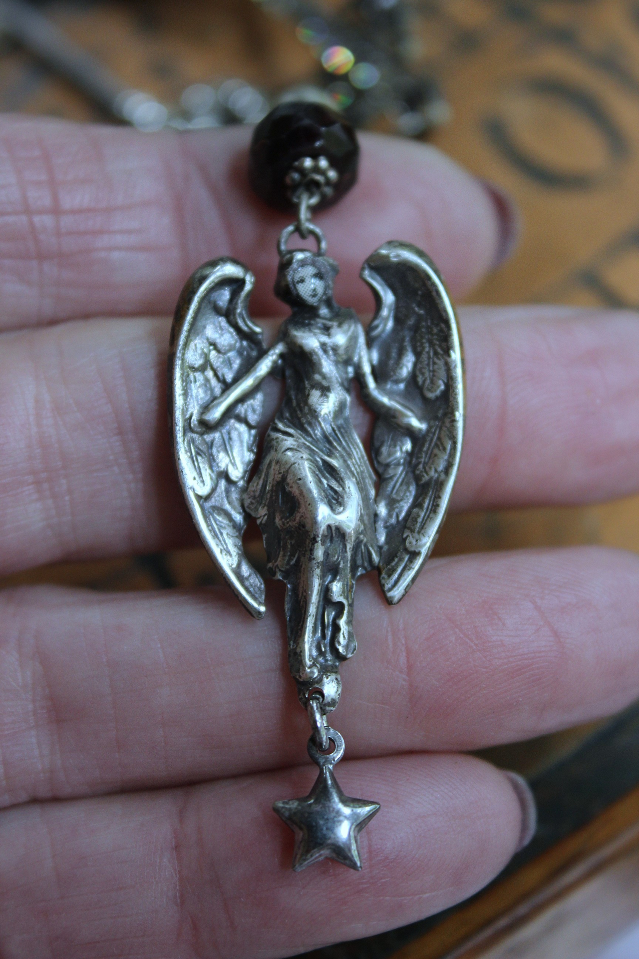 NEW! He will Cover you with His Wings Necklace with Sterling Angel,Rhinestone Wing,Eye of God Rhinestone Finding, Garnets, Antique Velvet Chain & More!
