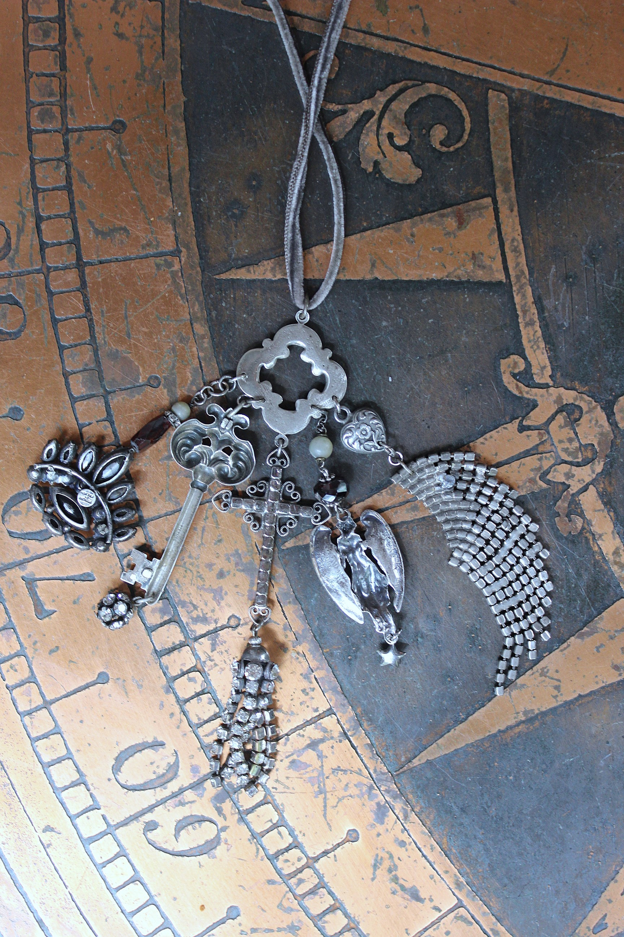 NEW! He will Cover you with His Wings Necklace with Sterling Angel,Rhinestone Wing,Eye of God Rhinestone Finding, Garnets, Antique Velvet Chain & More!