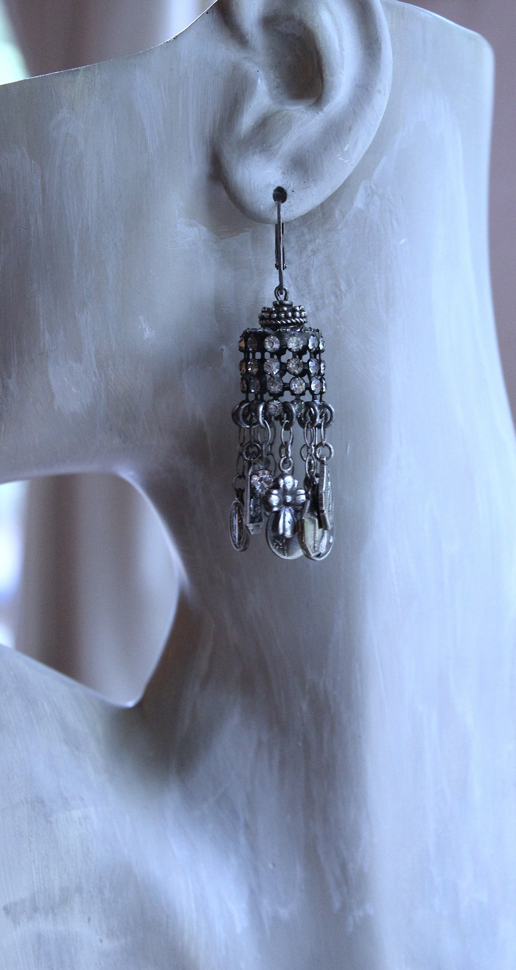 NEW! Asymmetrical Earrings with Small Antique French Medals,Sterling Cross,Antique Rhinestone Finding & Sterling Earring Wires