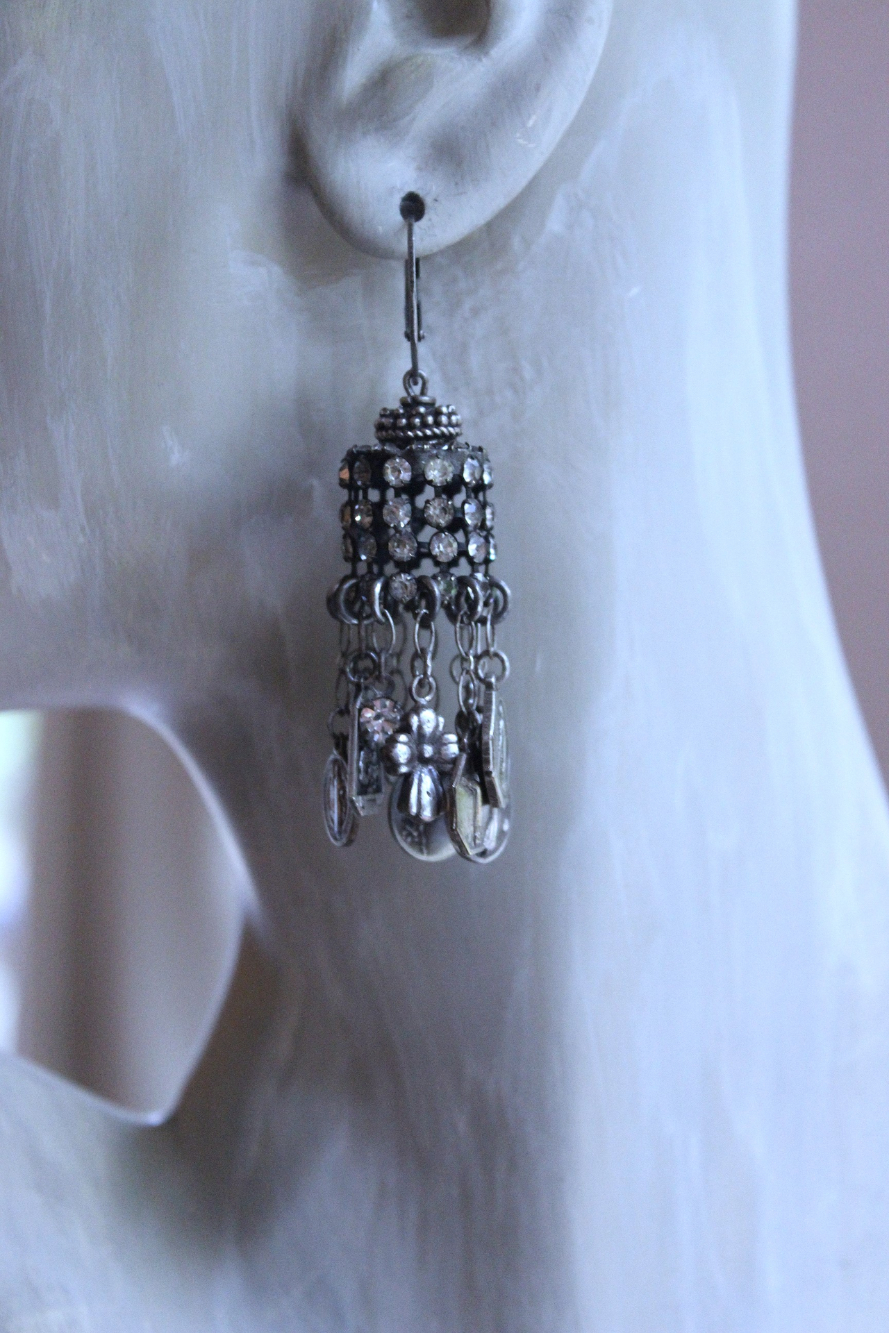 NEW! Asymmetrical Earrings with Small Antique French Medals,Sterling Cross,Antique Rhinestone Finding & Sterling Earring Wires