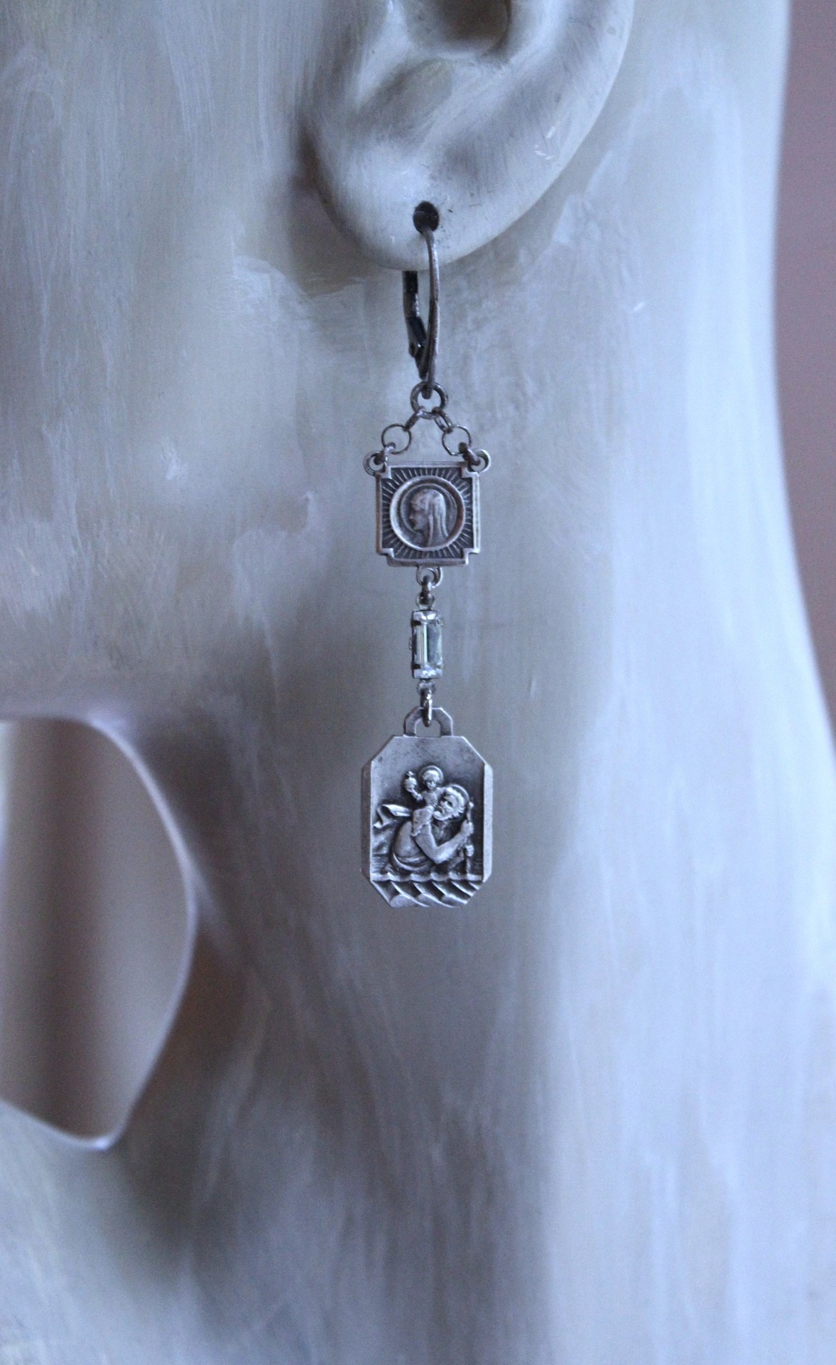 NEW! Asymmetrical Earrings with Small Antique French Medals,Sterling Cross,Antique Rhinestone Finding & Sterling Earring Wires