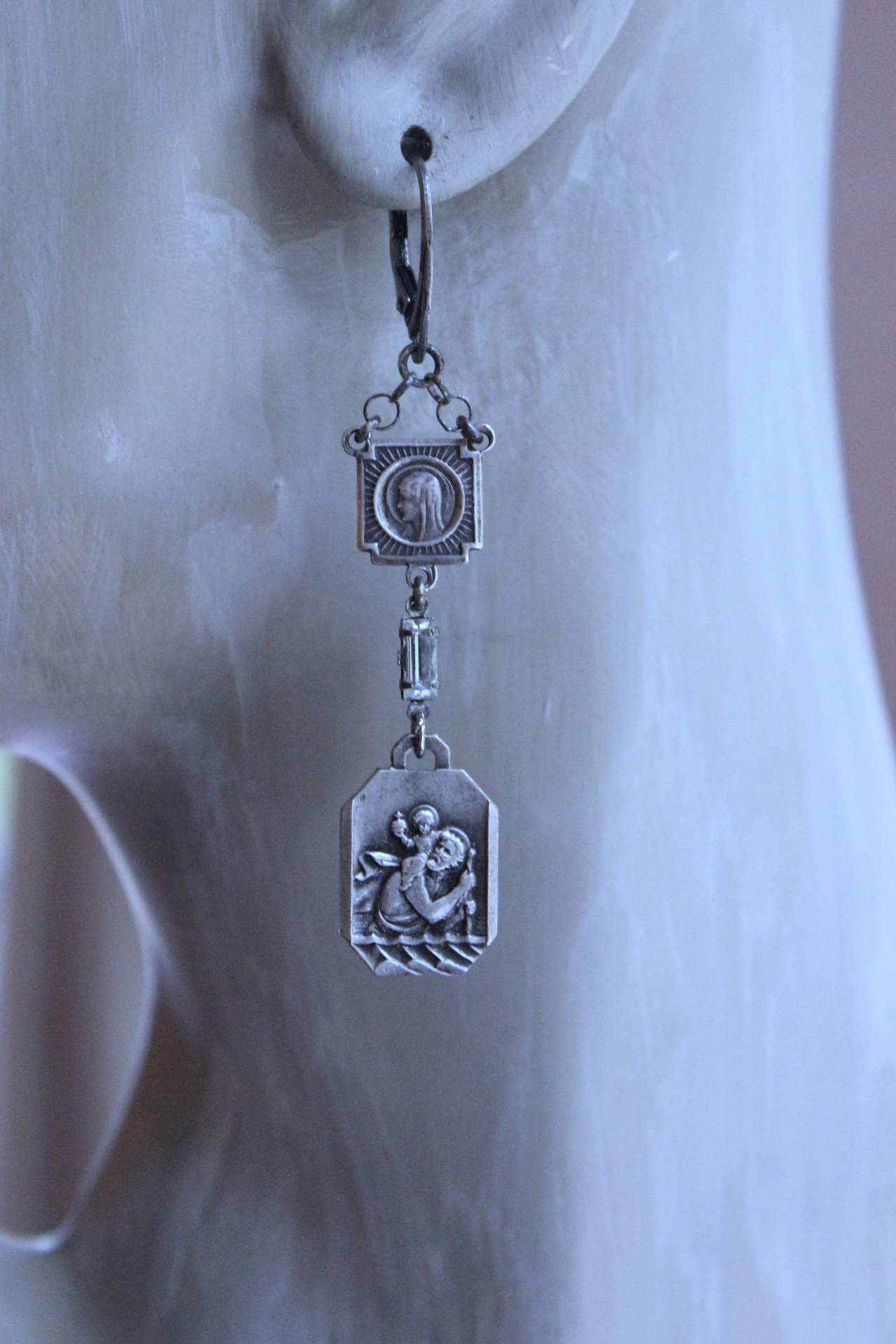 NEW! Asymmetrical Earrings with Small Antique French Medals,Sterling Cross,Antique Rhinestone Finding & Sterling Earring Wires
