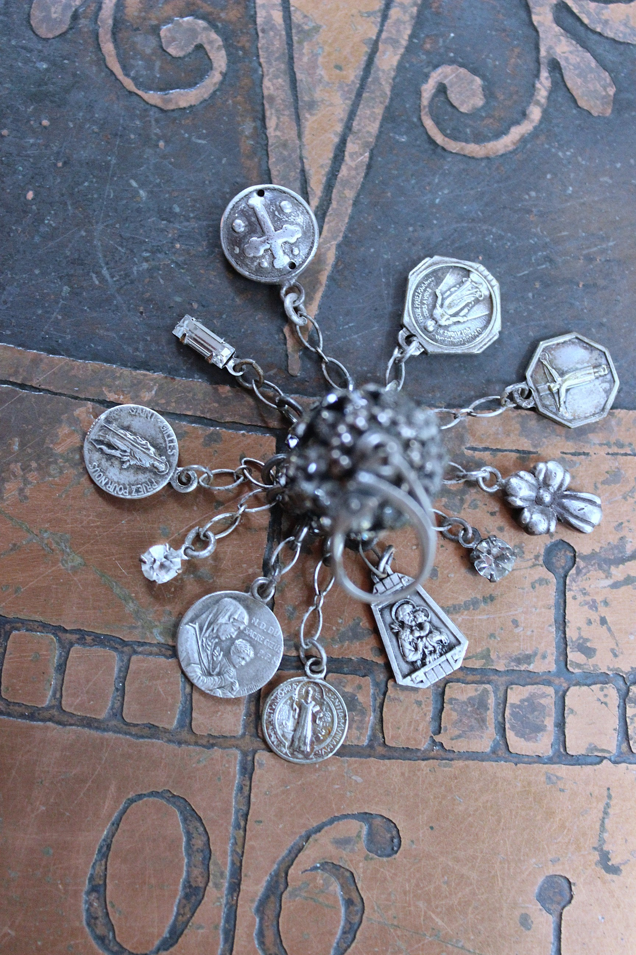 NEW! Asymmetrical Earrings with Small Antique French Medals,Sterling Cross,Antique Rhinestone Finding & Sterling Earring Wires