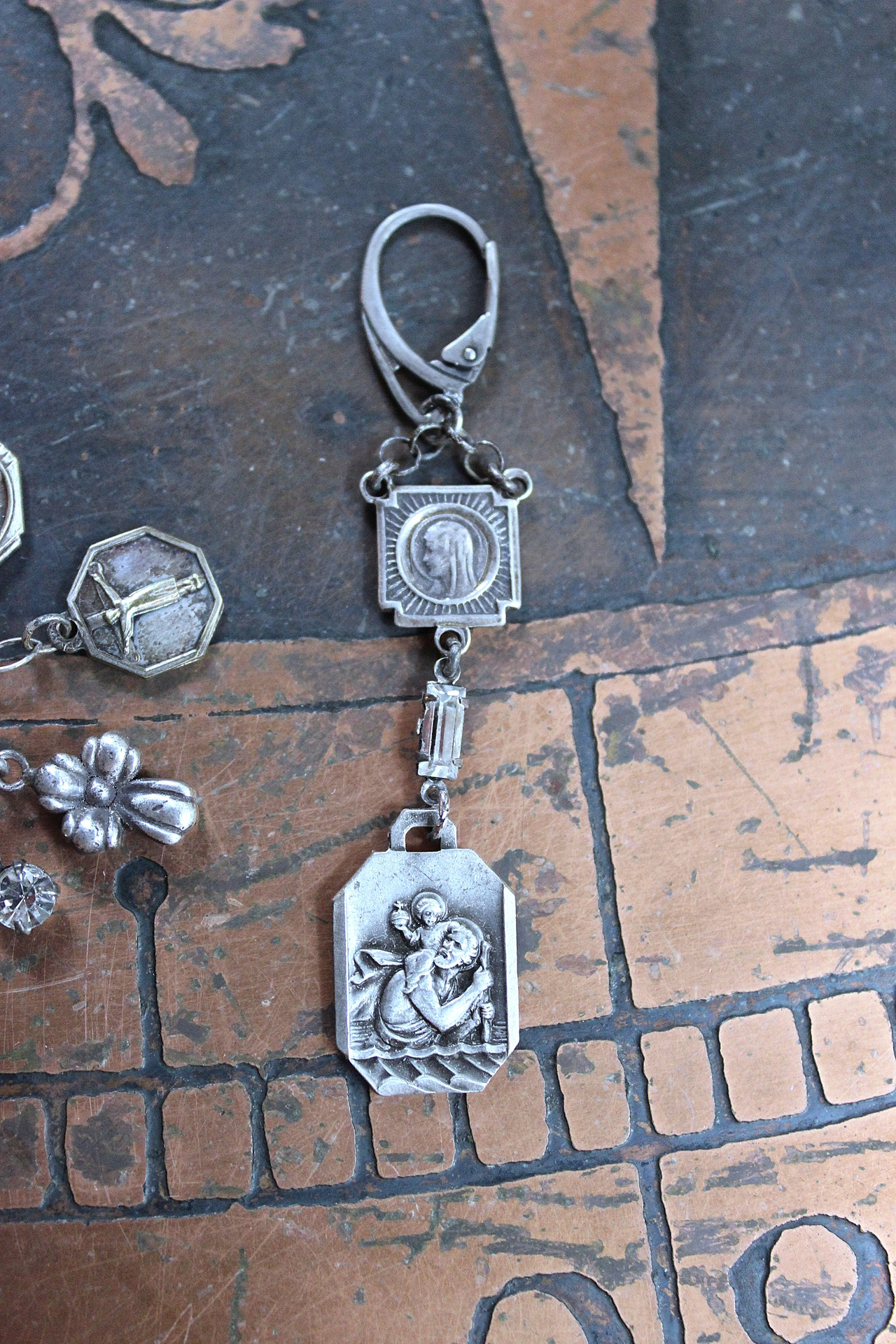 NEW! Asymmetrical Earrings with Small Antique French Medals,Sterling Cross,Antique Rhinestone Finding & Sterling Earring Wires