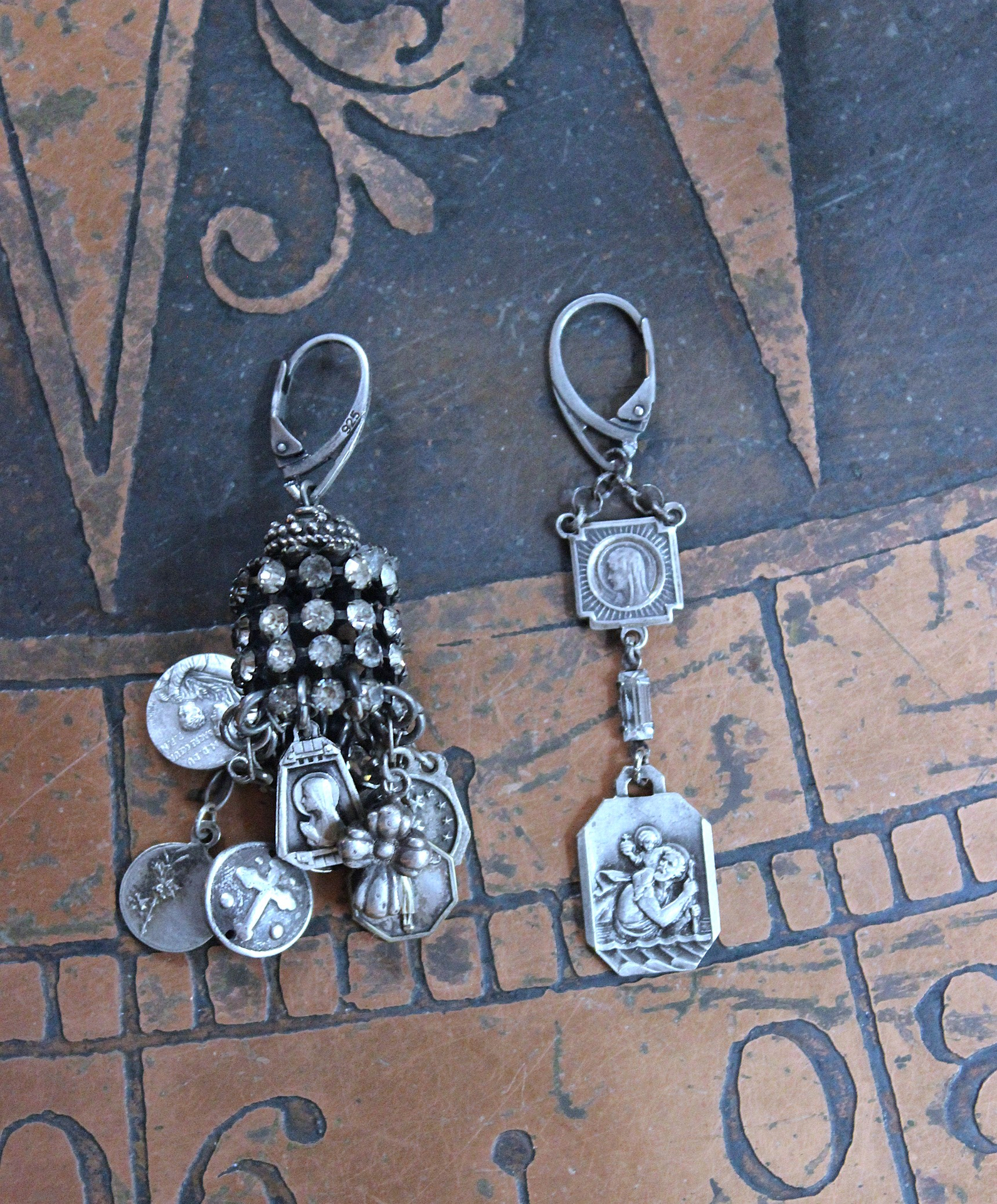 NEW! Asymmetrical Earrings with Small Antique French Medals,Sterling Cross,Antique Rhinestone Finding & Sterling Earring Wires