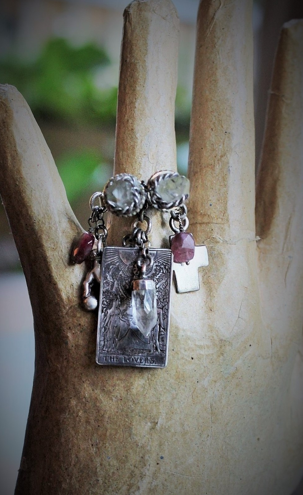 NEW! Twin Souls Ring w/Clear Quartz Points,Sterling The Lovers Tarot Medal,Sterling Orb in Hand,Faceted Tourmaline,Silver Capped Quartz Point,Sterling Cross & Heart