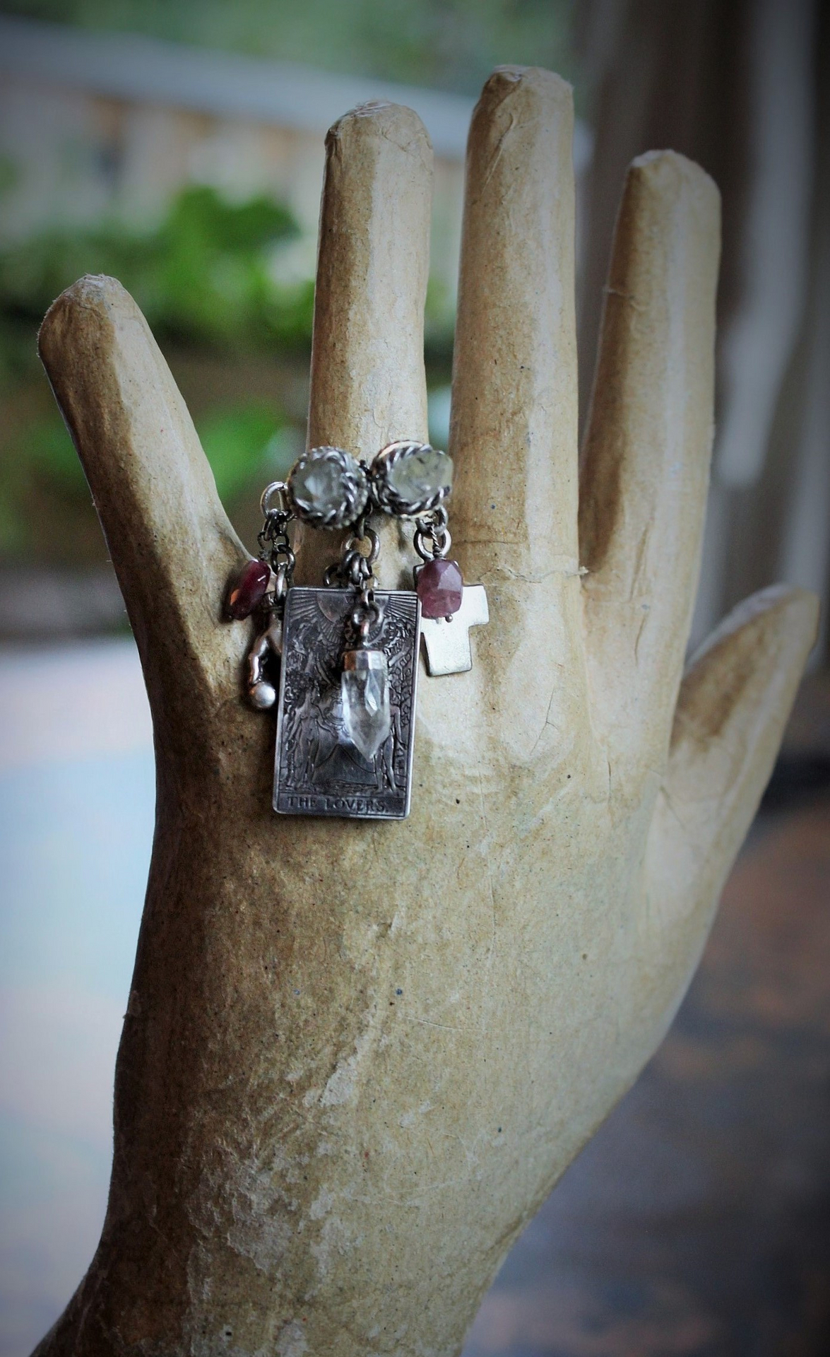 NEW! Twin Souls Ring w/Clear Quartz Points,Sterling The Lovers Tarot Medal,Sterling Orb in Hand,Faceted Tourmaline,Silver Capped Quartz Point,Sterling Cross & Heart