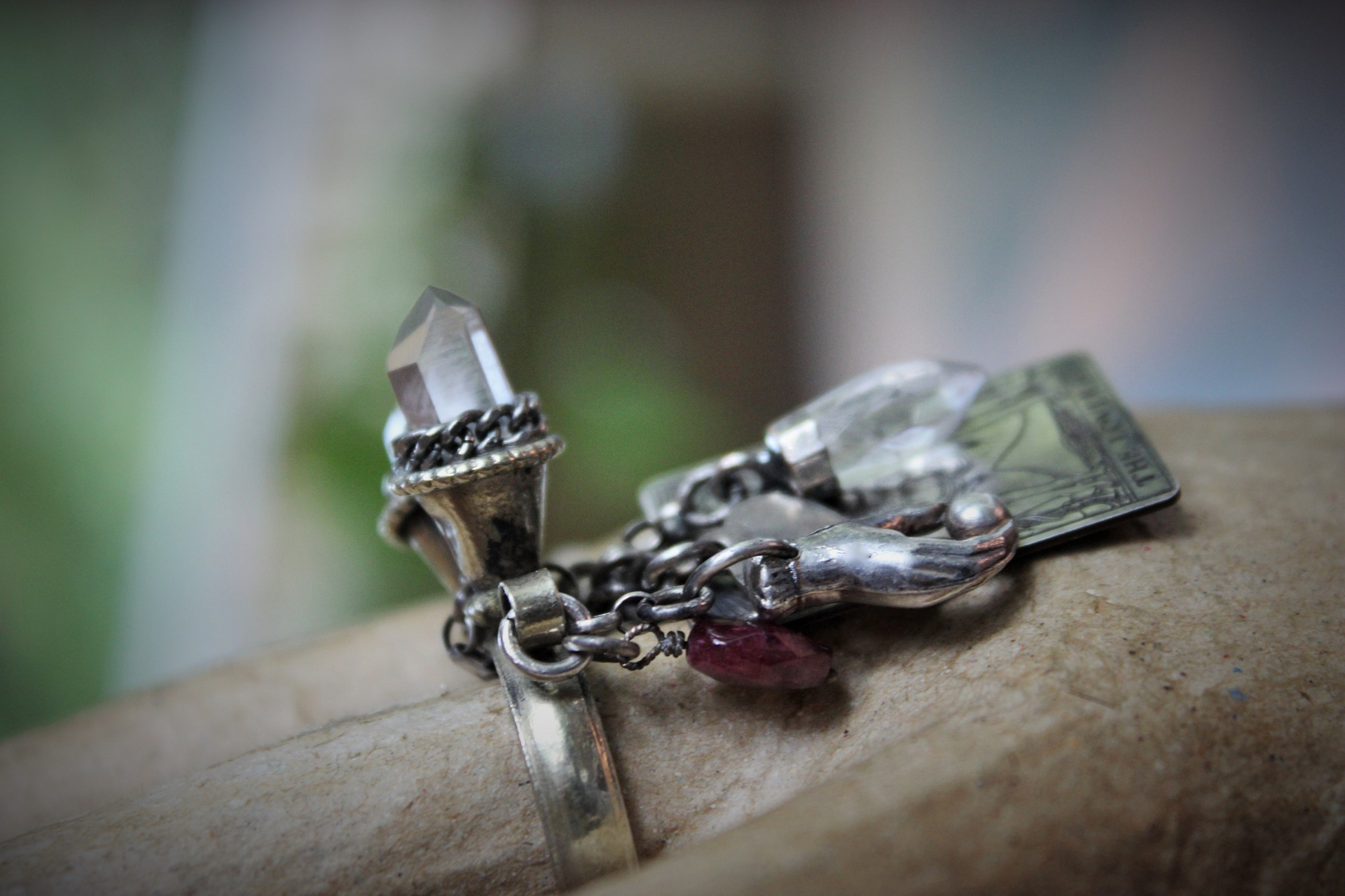 NEW! Twin Souls Ring w/Clear Quartz Points,Sterling The Lovers Tarot Medal,Sterling Orb in Hand,Faceted Tourmaline,Silver Capped Quartz Point,Sterling Cross & Heart