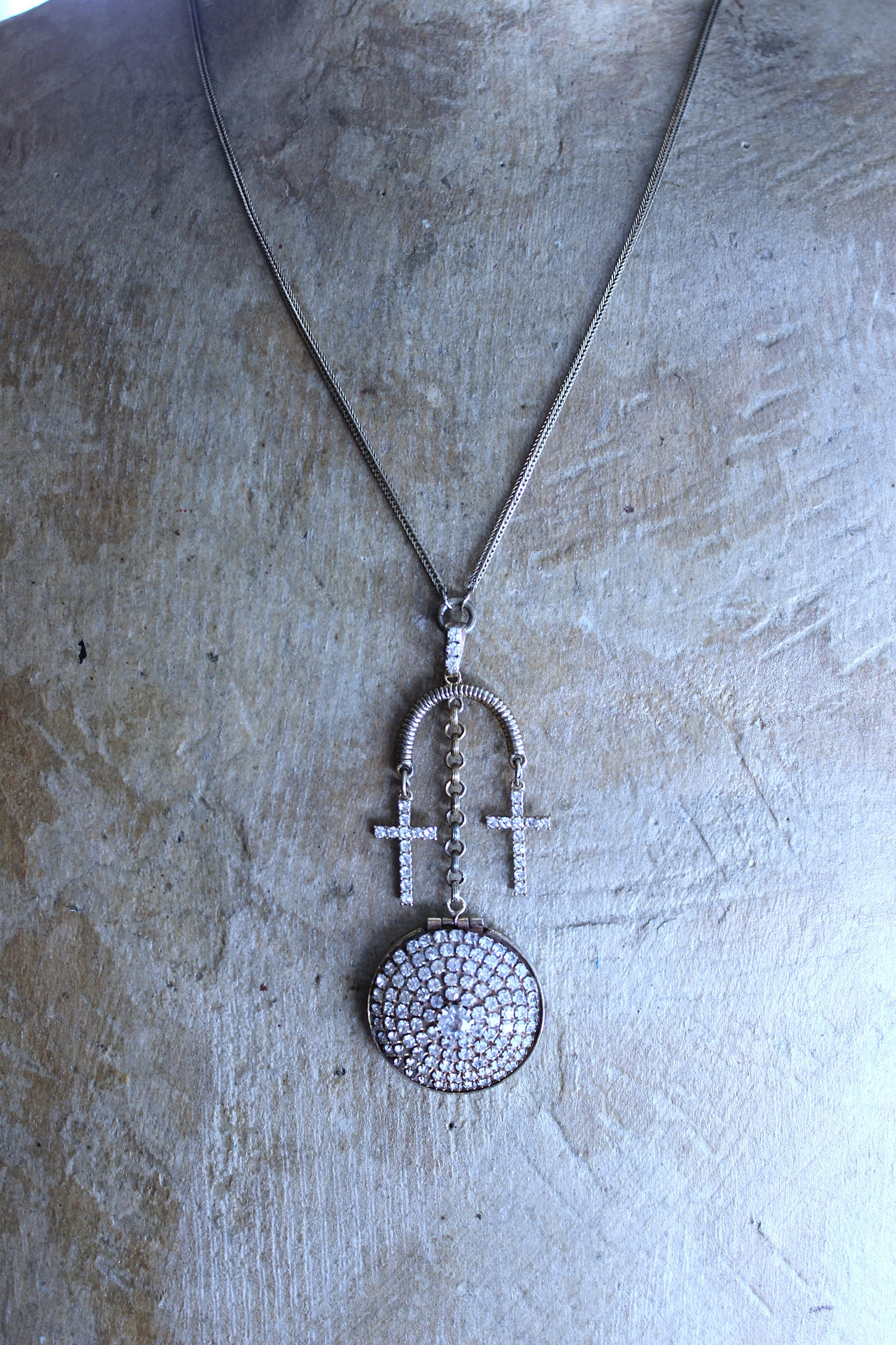 NEW! You are Here Necklace with Quality Vintage Prong Set Rhinestone Locket,Antique Foxtail Chain,2 Vintage Prong Set Rhinestone Crosses