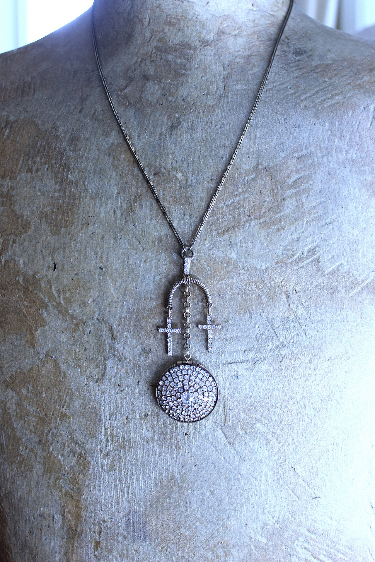 NEW! You are Here Necklace with Quality Vintage Prong Set Rhinestone Locket,Antique Foxtail Chain,2 Vintage Prong Set Rhinestone Crosses