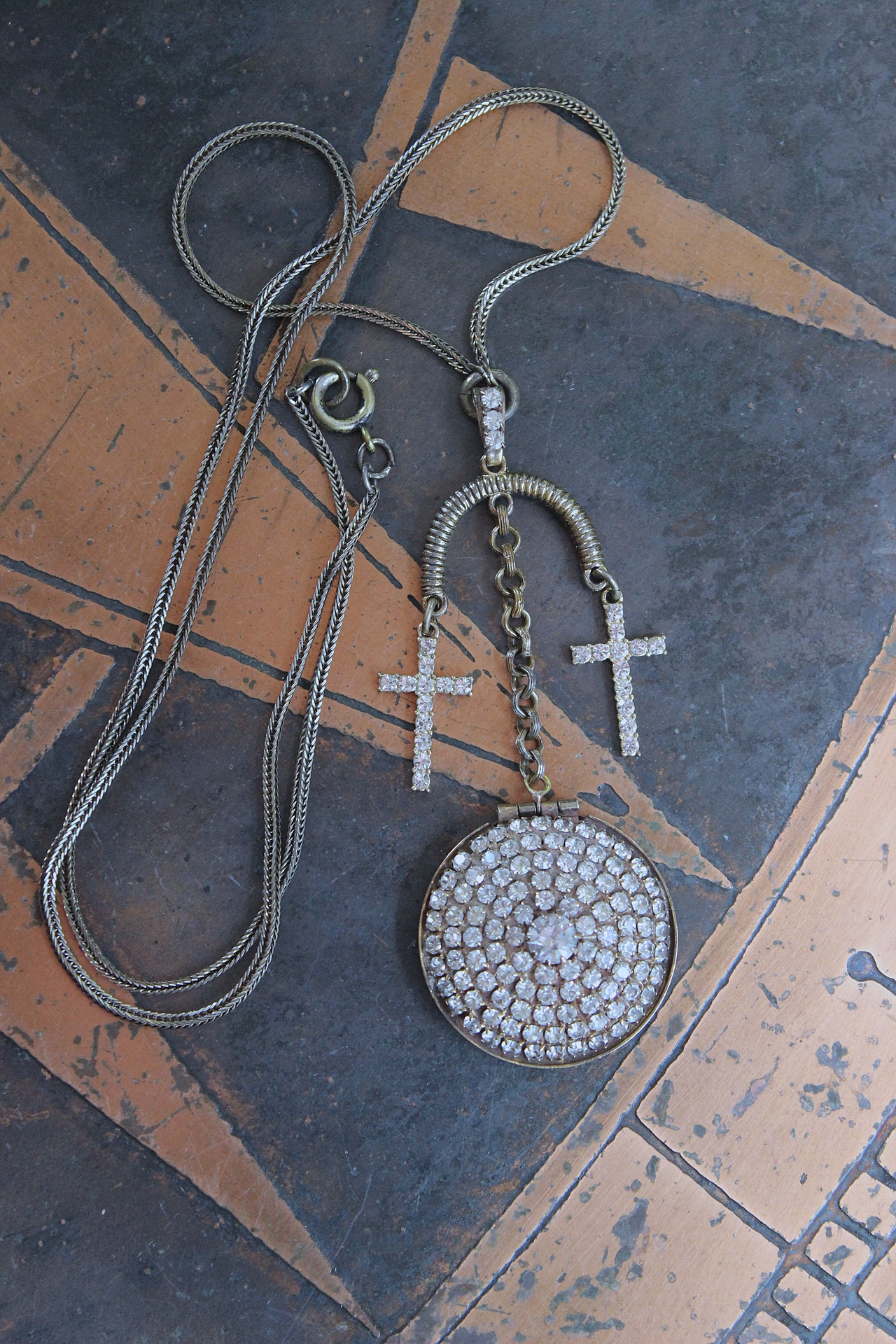 NEW! You are Here Necklace with Quality Vintage Prong Set Rhinestone Locket,Antique Foxtail Chain,2 Vintage Prong Set Rhinestone Crosses