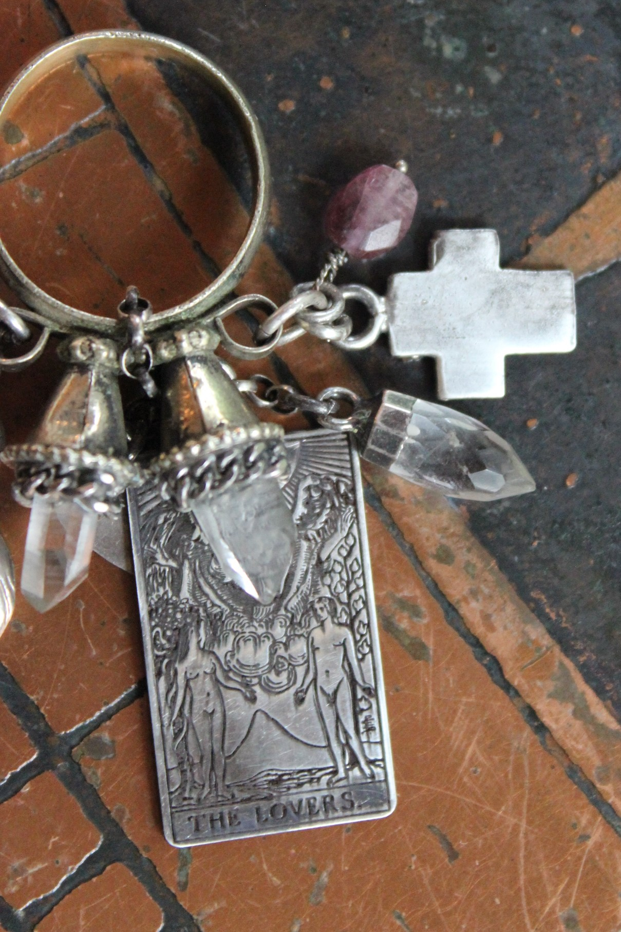 NEW! Twin Souls Ring w/Clear Quartz Points,Sterling The Lovers Tarot Medal,Sterling Orb in Hand,Faceted Tourmaline,Silver Capped Quartz Point,Sterling Cross & Heart