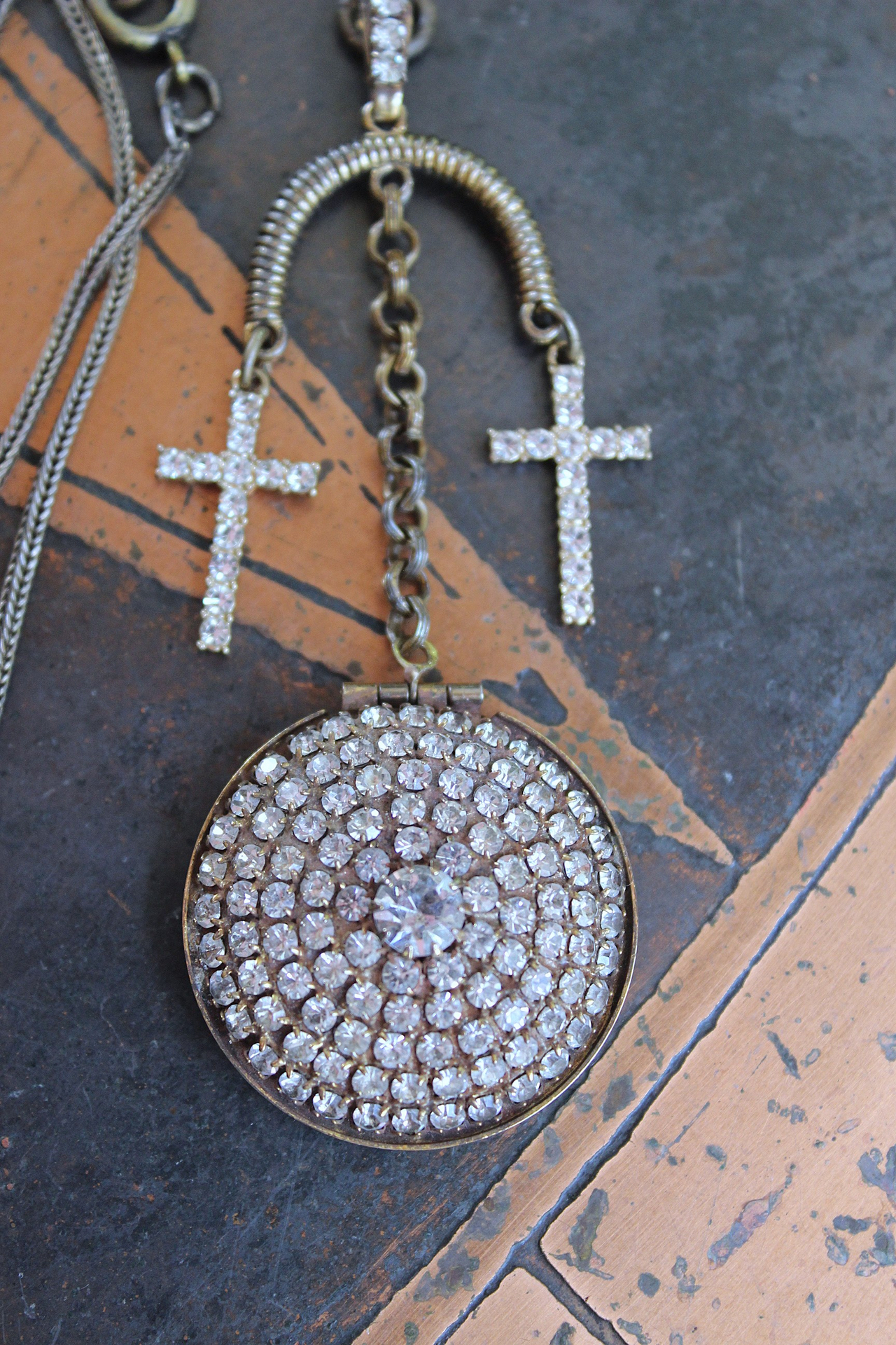 NEW! You are Here Necklace with Quality Vintage Prong Set Rhinestone Locket,Antique Foxtail Chain,2 Vintage Prong Set Rhinestone Crosses
