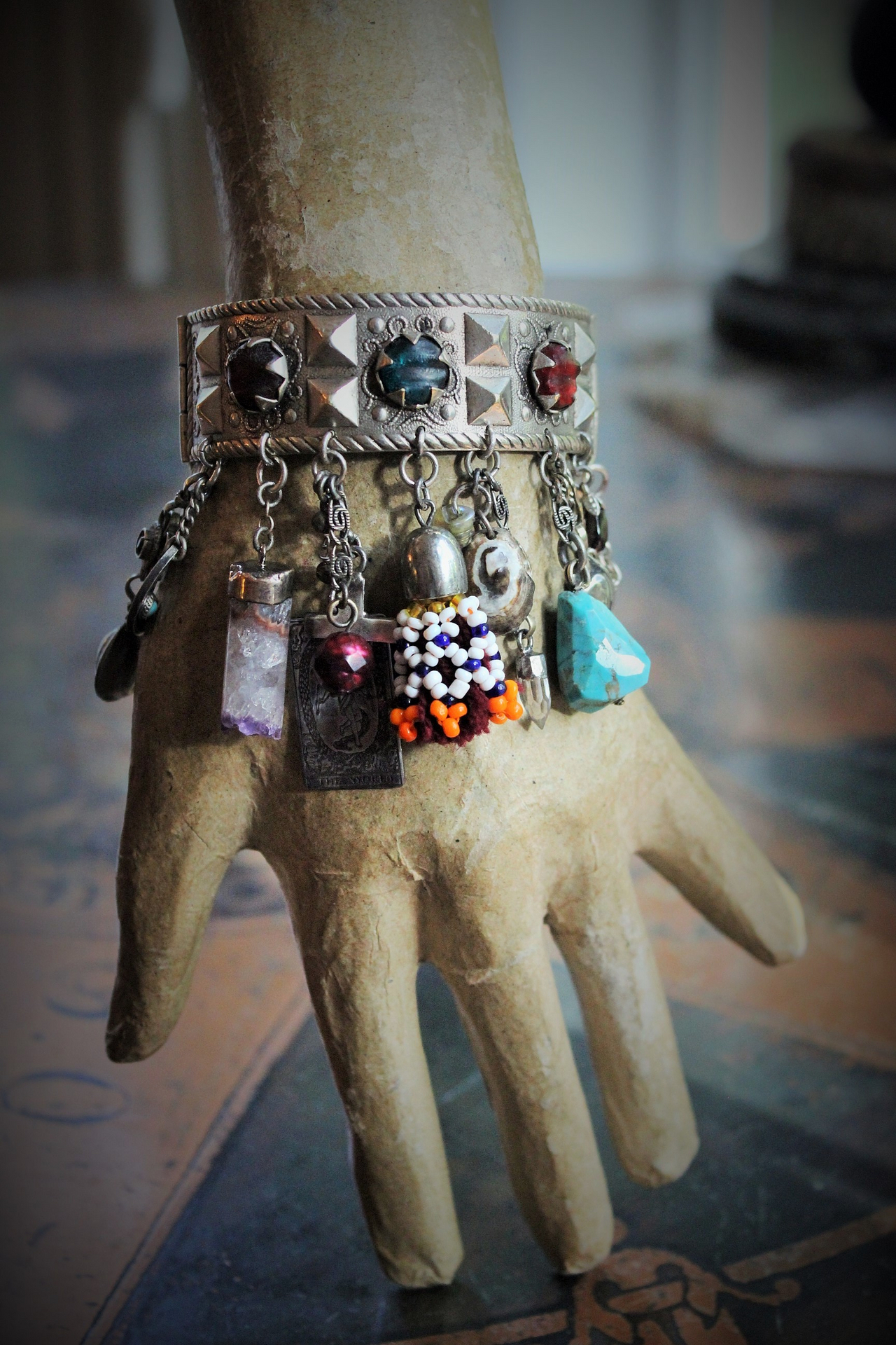 SOLD to M  Meditation & Fulfillment Gypsy Cuff Bracelet w/Sterling Engraved Tarot Medals,Beaded Banjara Tassels,Polished Garnet,Silver Capped Quartz Point & Much More!