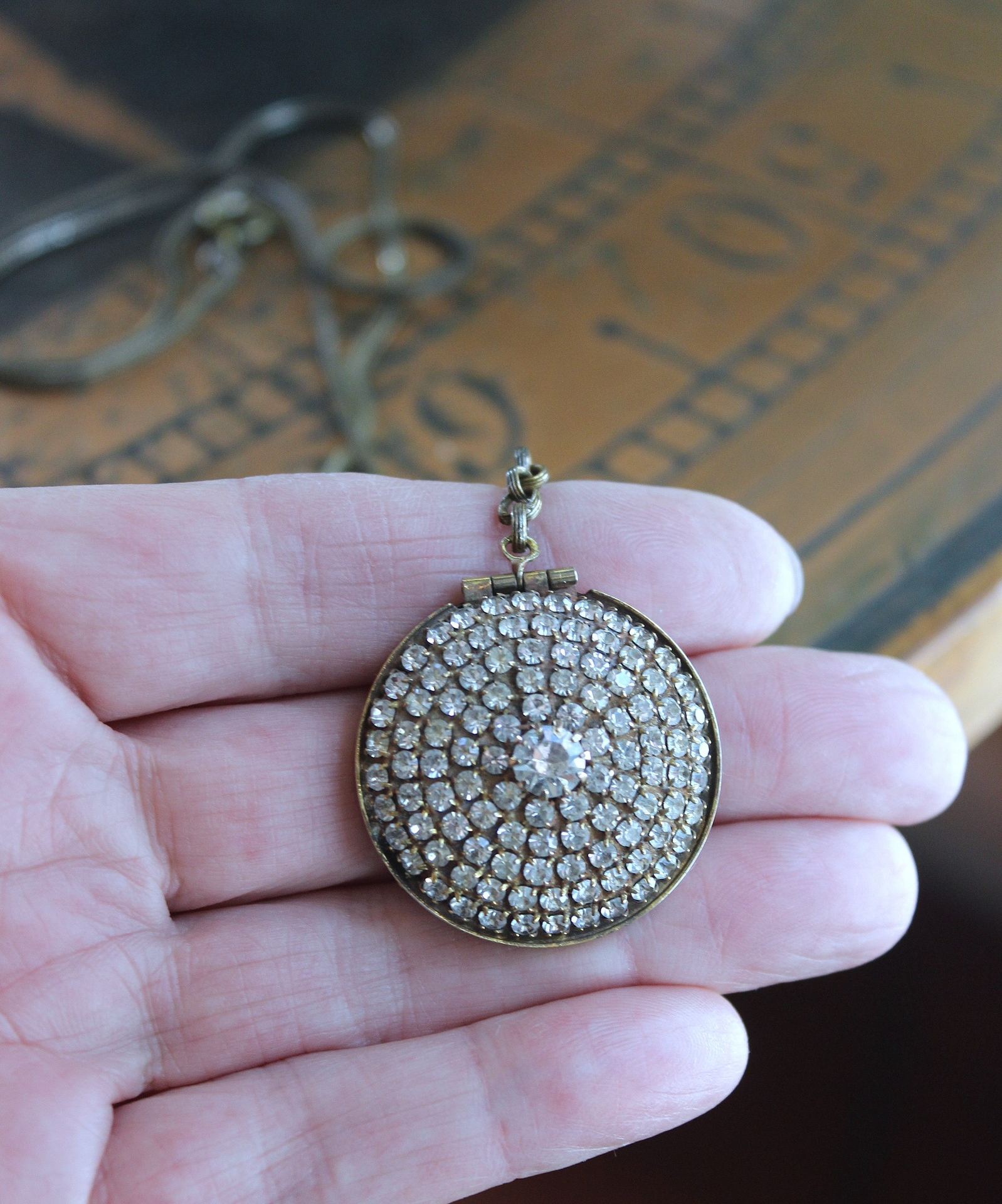 NEW! You are Here Necklace with Quality Vintage Prong Set Rhinestone Locket,Antique Foxtail Chain,2 Vintage Prong Set Rhinestone Crosses