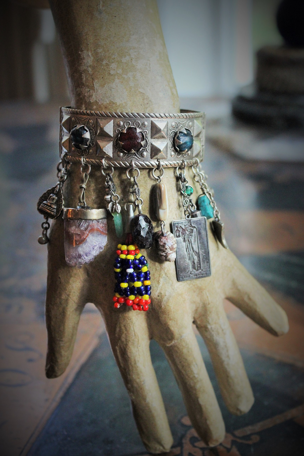 SOLD to M  Meditation & Fulfillment Gypsy Cuff Bracelet w/Sterling Engraved Tarot Medals,Beaded Banjara Tassels,Polished Garnet,Silver Capped Quartz Point & Much More!