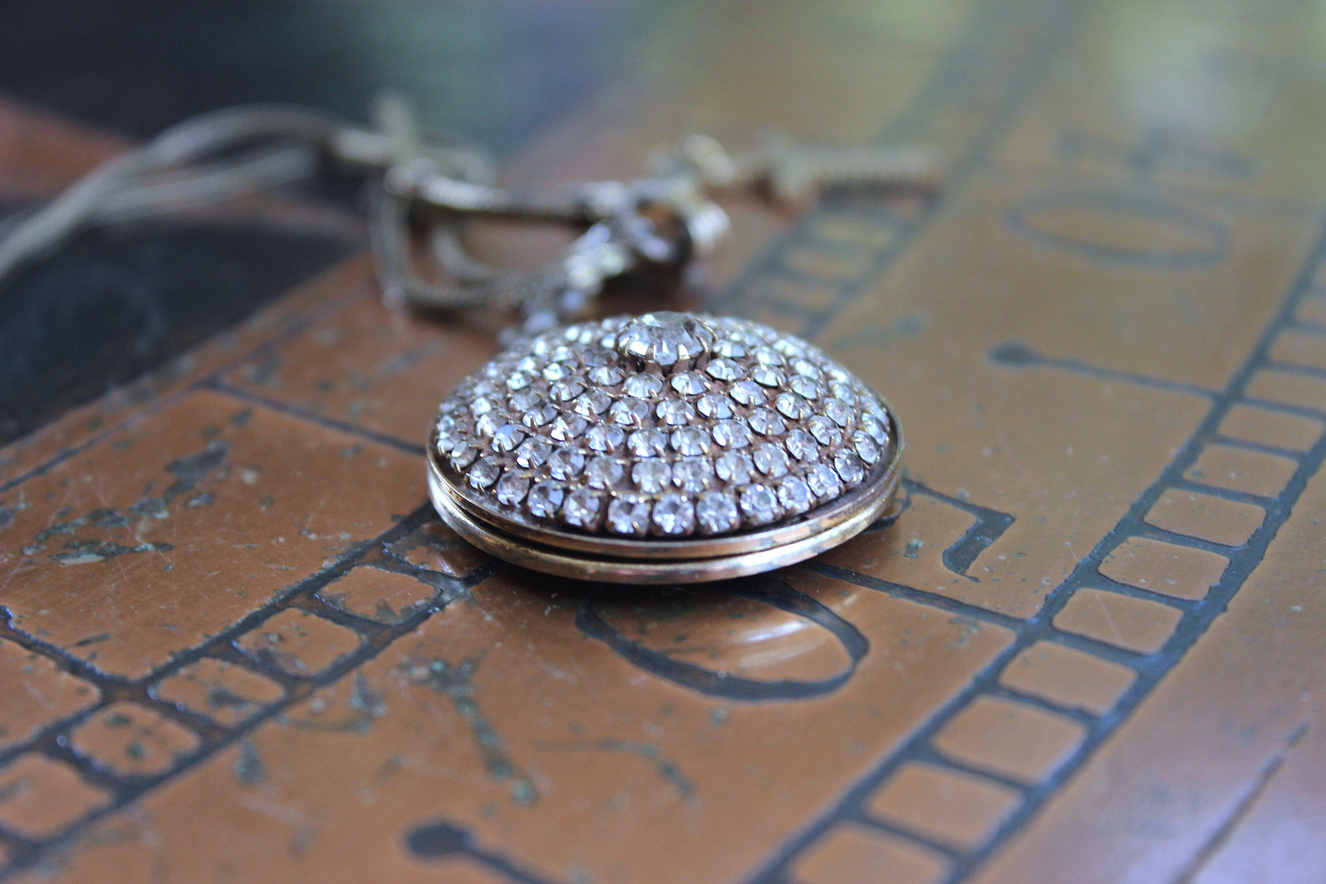 NEW! You are Here Necklace with Quality Vintage Prong Set Rhinestone Locket,Antique Foxtail Chain,2 Vintage Prong Set Rhinestone Crosses