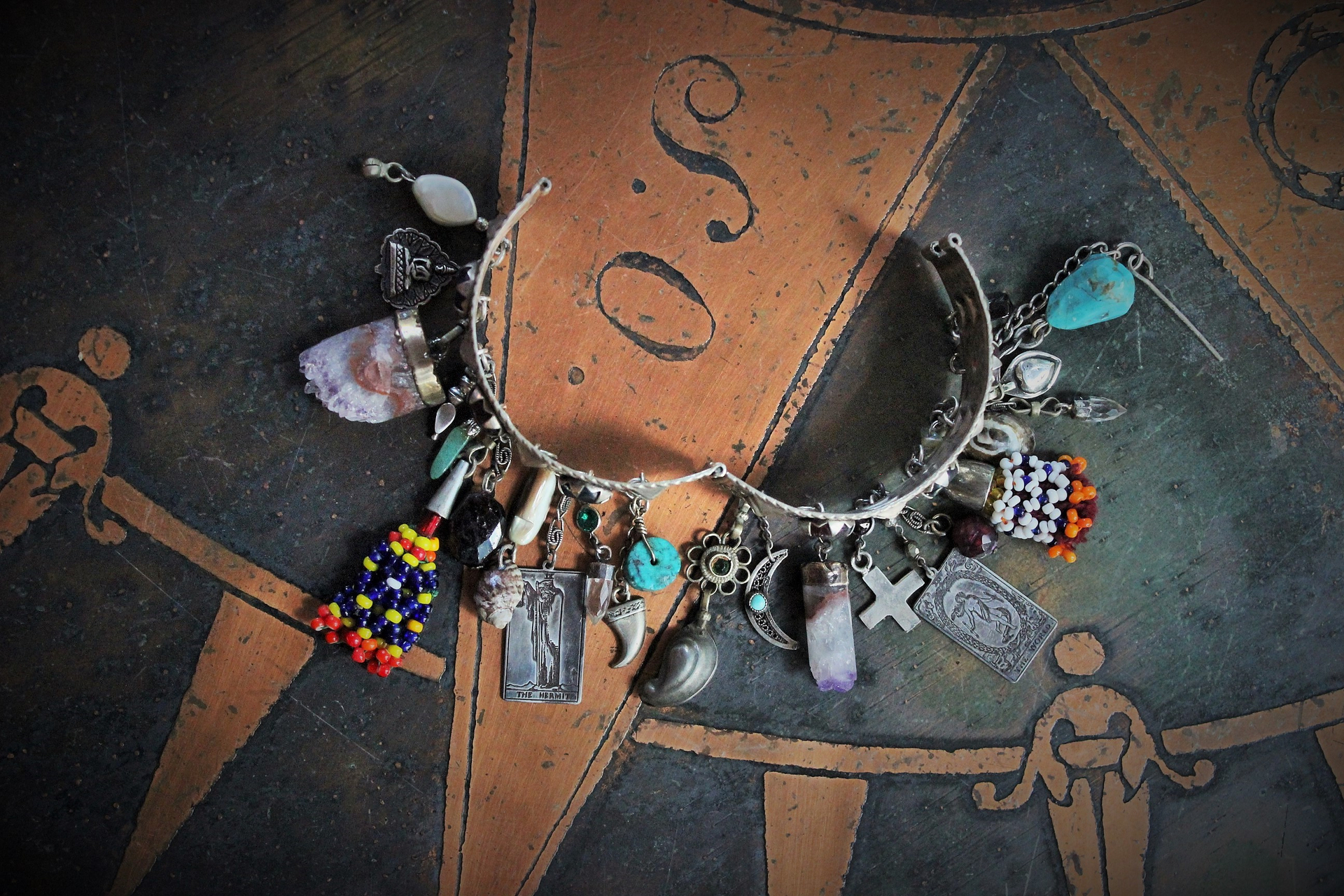 SOLD to M  Meditation & Fulfillment Gypsy Cuff Bracelet w/Sterling Engraved Tarot Medals,Beaded Banjara Tassels,Polished Garnet,Silver Capped Quartz Point & Much More!