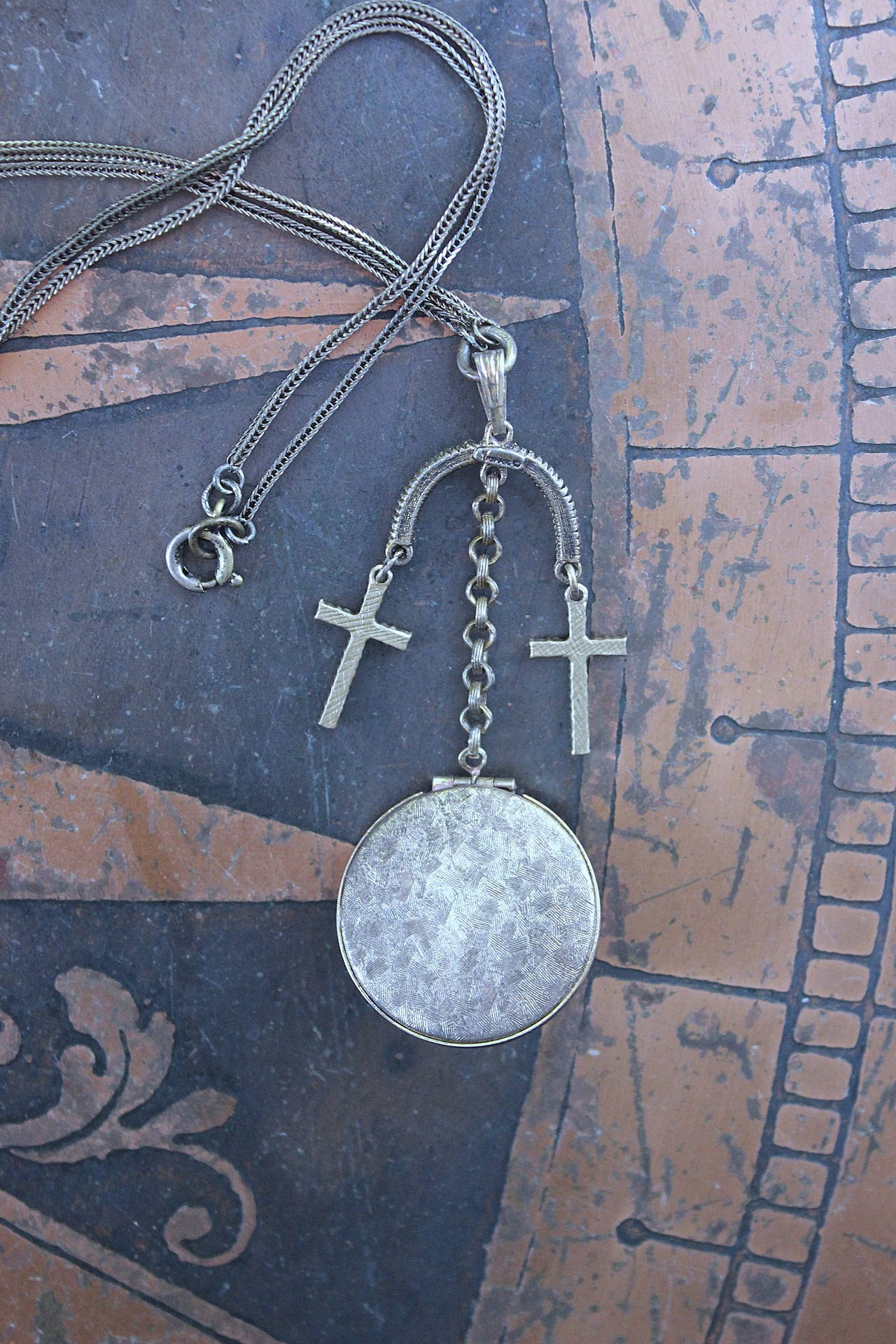 NEW! You are Here Necklace with Quality Vintage Prong Set Rhinestone Locket,Antique Foxtail Chain,2 Vintage Prong Set Rhinestone Crosses