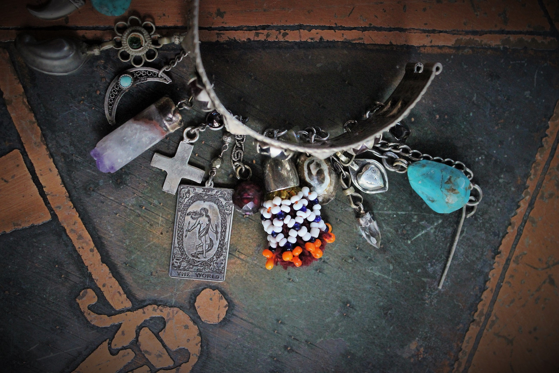 SOLD to M  Meditation & Fulfillment Gypsy Cuff Bracelet w/Sterling Engraved Tarot Medals,Beaded Banjara Tassels,Polished Garnet,Silver Capped Quartz Point & Much More!