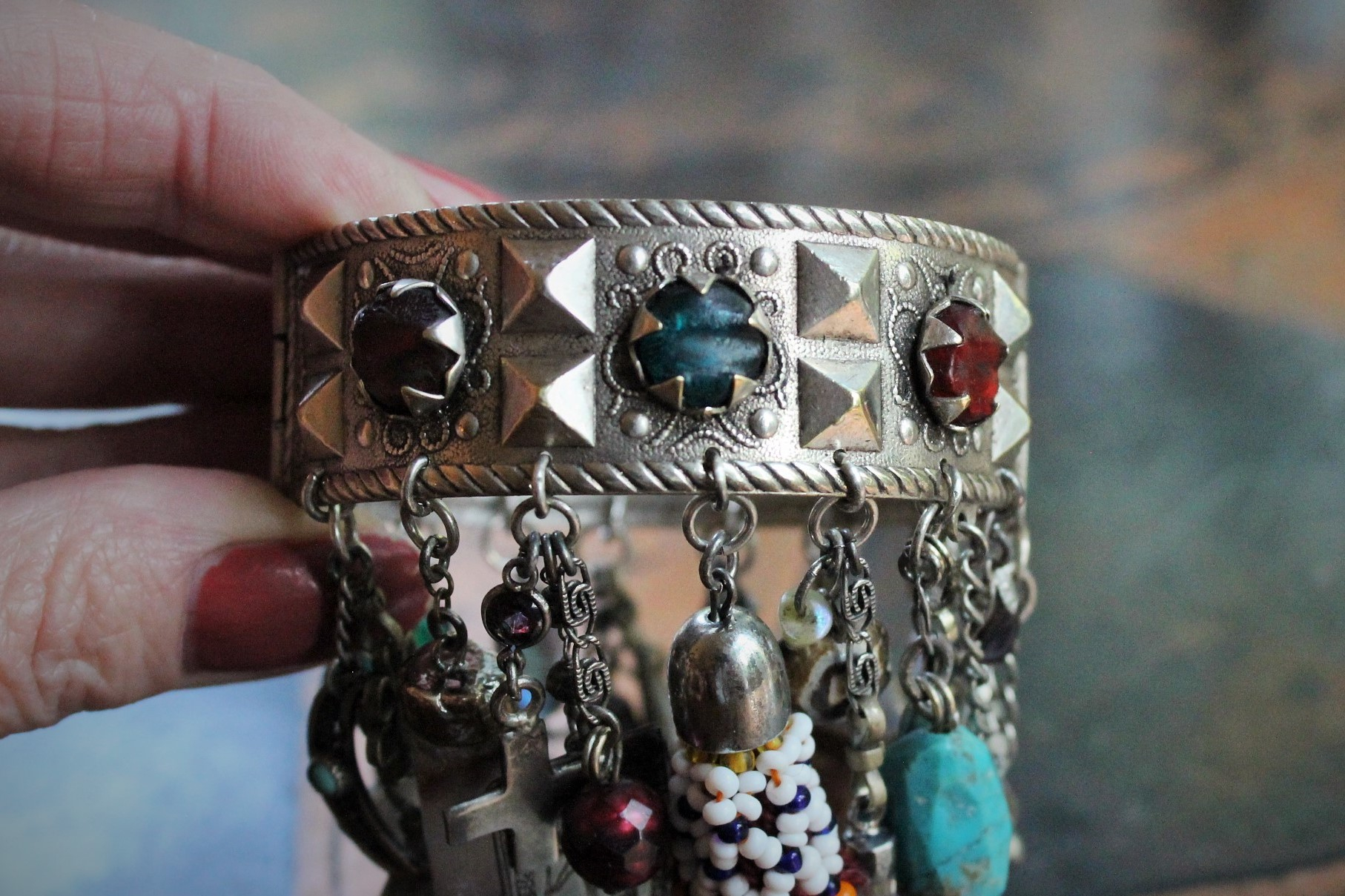 SOLD to M  Meditation & Fulfillment Gypsy Cuff Bracelet w/Sterling Engraved Tarot Medals,Beaded Banjara Tassels,Polished Garnet,Silver Capped Quartz Point & Much More!