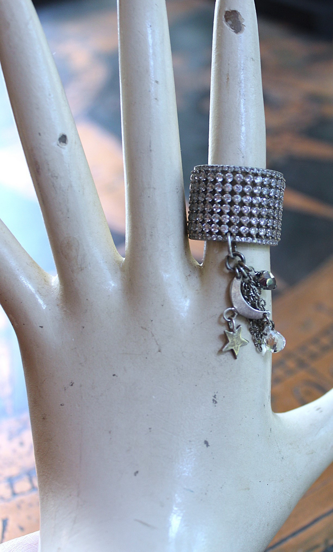 NEW! Unique Wide Band Ring with Crescent Moon, Star, Faceted Rock Crystal Tear Drop,Tiny Chain Tassel & Faceted Crystal Bead
