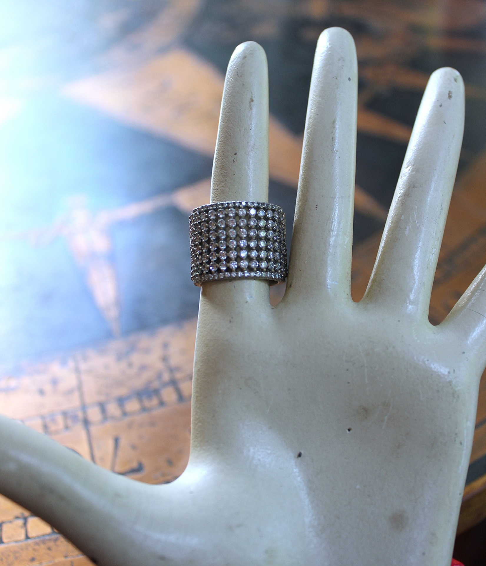 NEW! Unique Wide Band Ring with Crescent Moon, Star, Faceted Rock Crystal Tear Drop,Tiny Chain Tassel & Faceted Crystal Bead