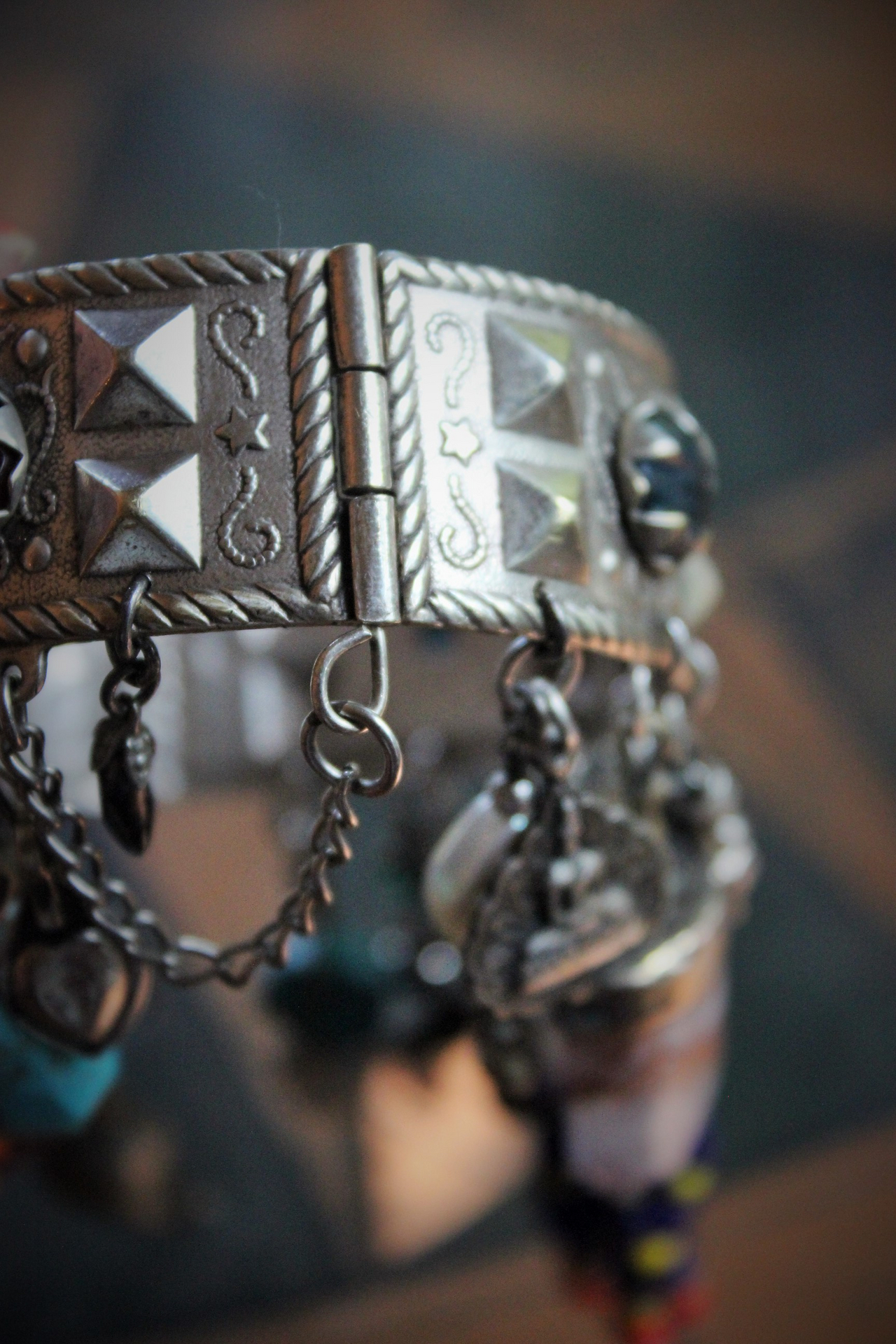 SOLD to M  Meditation & Fulfillment Gypsy Cuff Bracelet w/Sterling Engraved Tarot Medals,Beaded Banjara Tassels,Polished Garnet,Silver Capped Quartz Point & Much More!