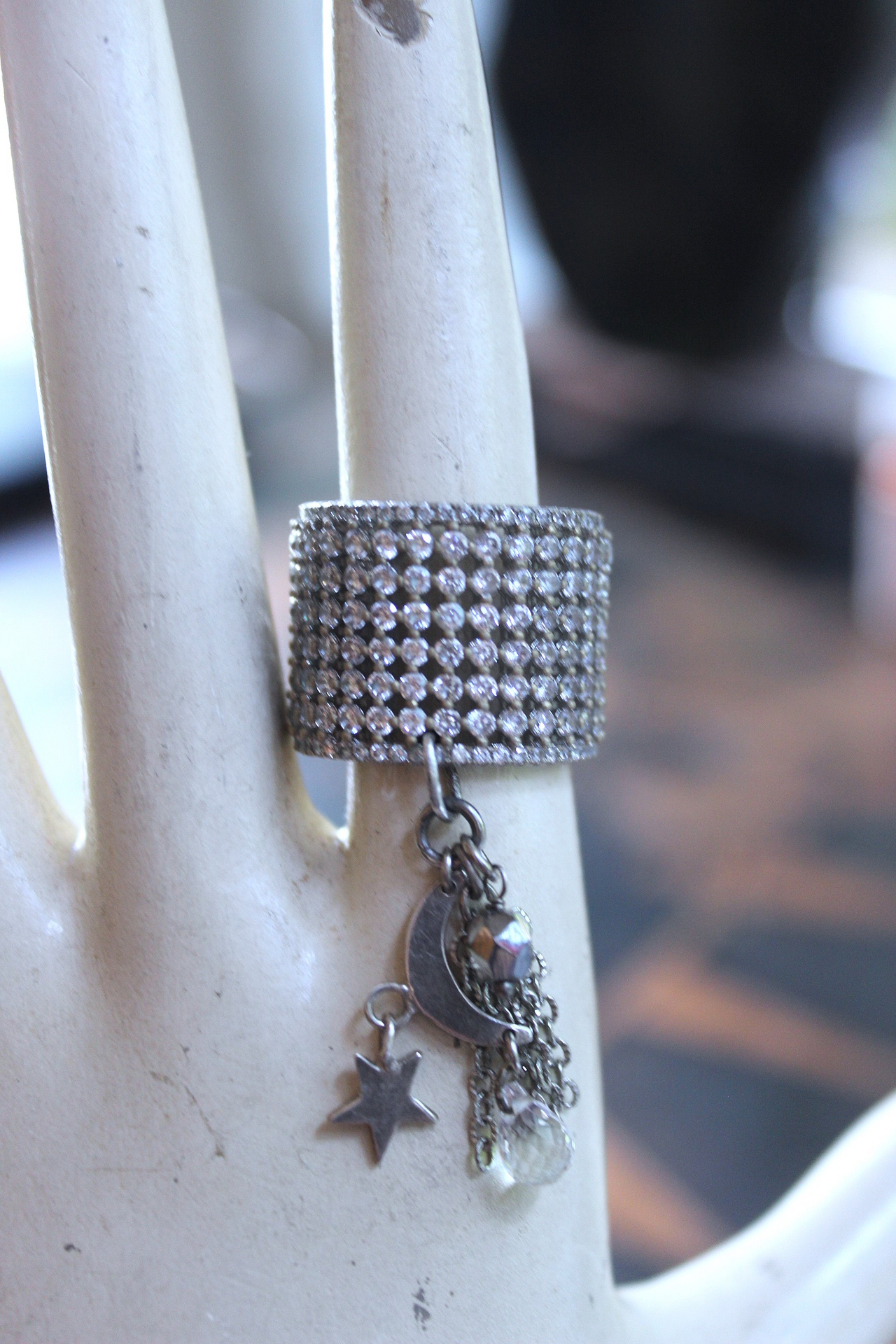 NEW! Unique Wide Band Ring with Crescent Moon, Star, Faceted Rock Crystal Tear Drop,Tiny Chain Tassel & Faceted Crystal Bead