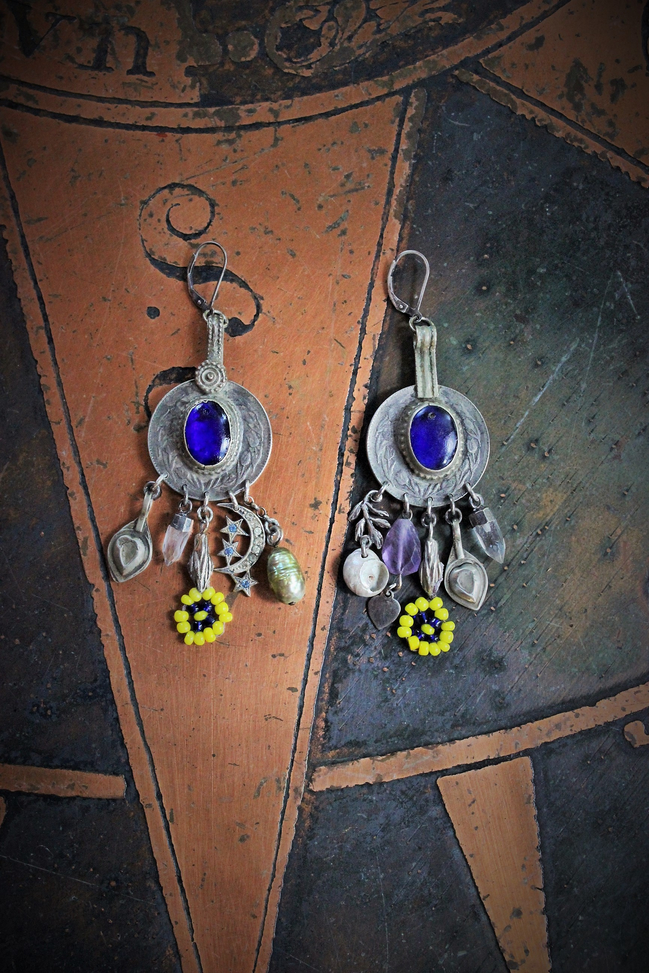 Gypsy Soul Earrings w/Antique Gypsy Findings,Beaded Banjara Flowers,Antique Paste Crescent Moon & Star Finding,Faceted Amethyst & More!