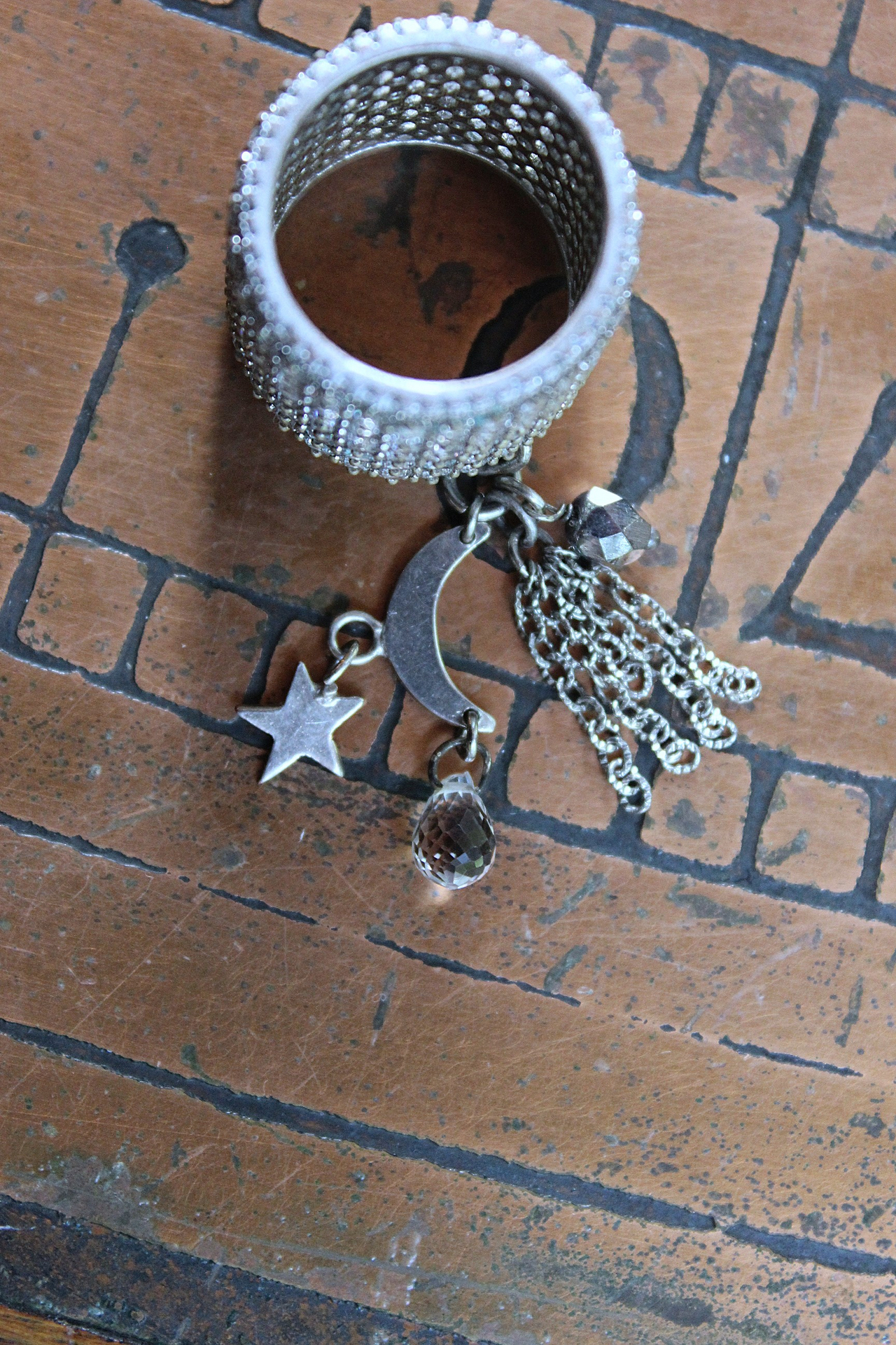 NEW! Unique Wide Band Ring with Crescent Moon, Star, Faceted Rock Crystal Tear Drop,Tiny Chain Tassel & Faceted Crystal Bead