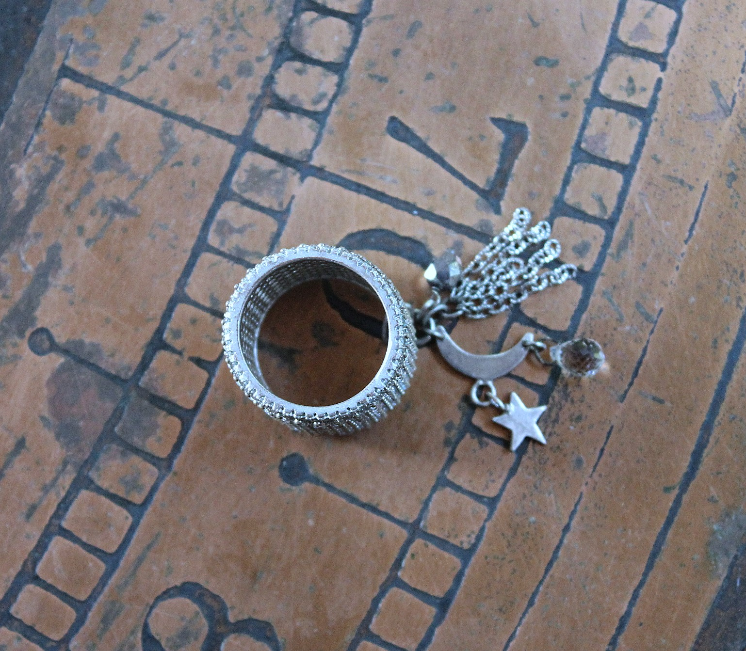 NEW! Unique Wide Band Ring with Crescent Moon, Star, Faceted Rock Crystal Tear Drop,Tiny Chain Tassel & Faceted Crystal Bead