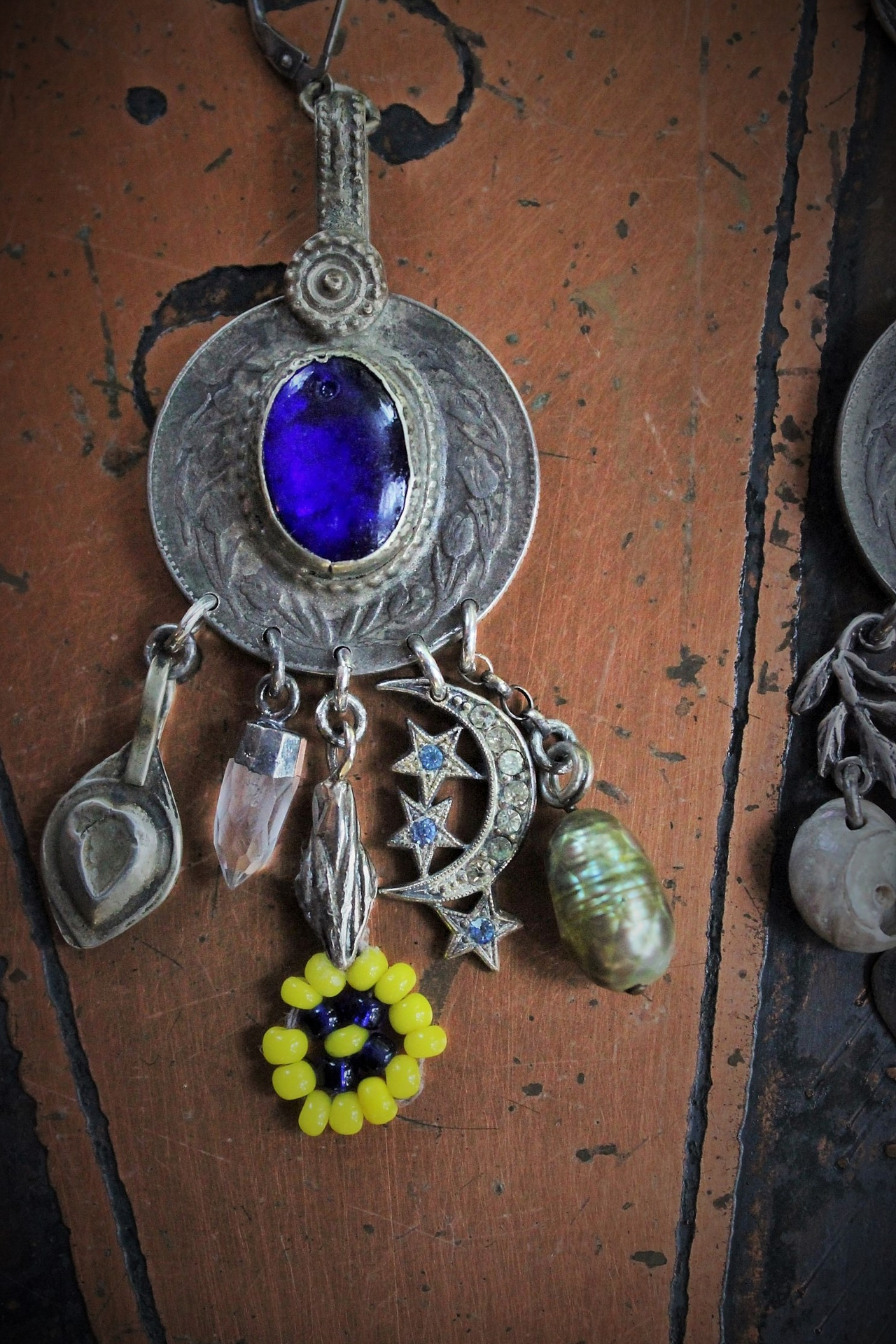 Gypsy Soul Earrings w/Antique Gypsy Findings,Beaded Banjara Flowers,Antique Paste Crescent Moon & Star Finding,Faceted Amethyst & More!