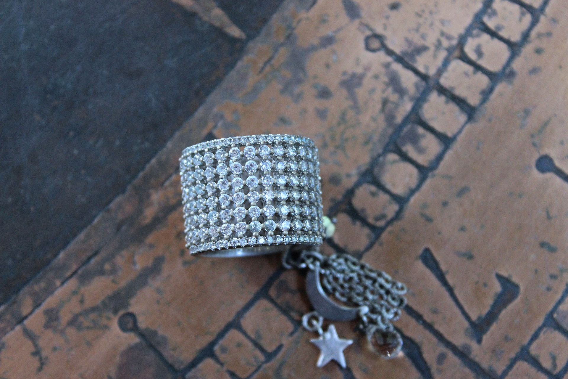 NEW! Unique Wide Band Ring with Crescent Moon, Star, Faceted Rock Crystal Tear Drop,Tiny Chain Tassel & Faceted Crystal Bead