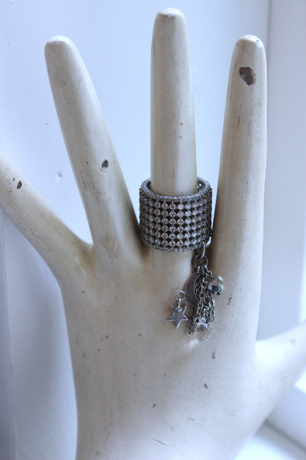 NEW! Unique Wide Band Ring with Crescent Moon, Star, Faceted Rock Crystal Tear Drop,Tiny Chain Tassel & Faceted Crystal Bead