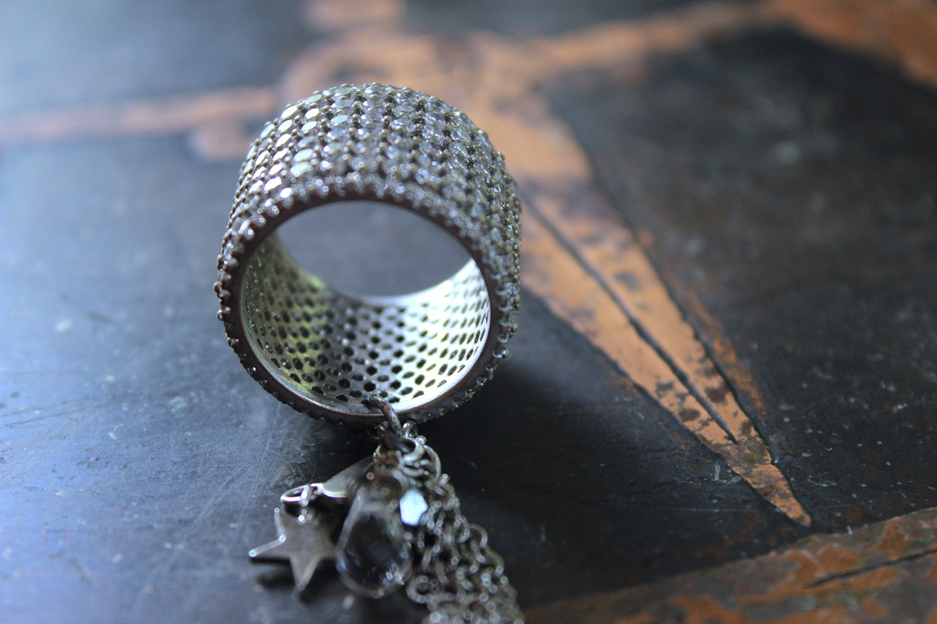 NEW! Unique Wide Band Ring with Crescent Moon, Star, Faceted Rock Crystal Tear Drop,Tiny Chain Tassel & Faceted Crystal Bead