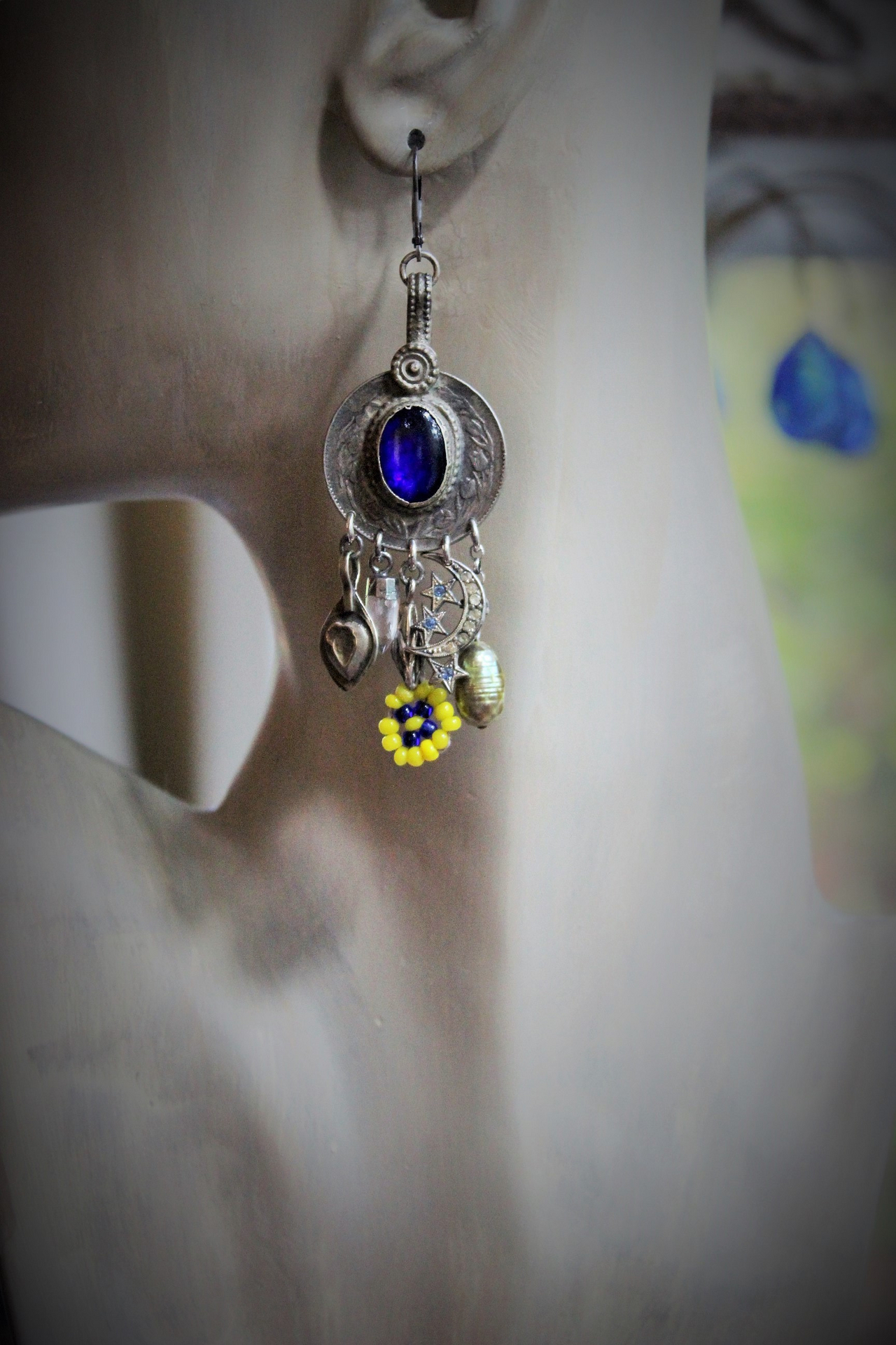 Gypsy Soul Earrings w/Antique Gypsy Findings,Beaded Banjara Flowers,Antique Paste Crescent Moon & Star Finding,Faceted Amethyst & More!