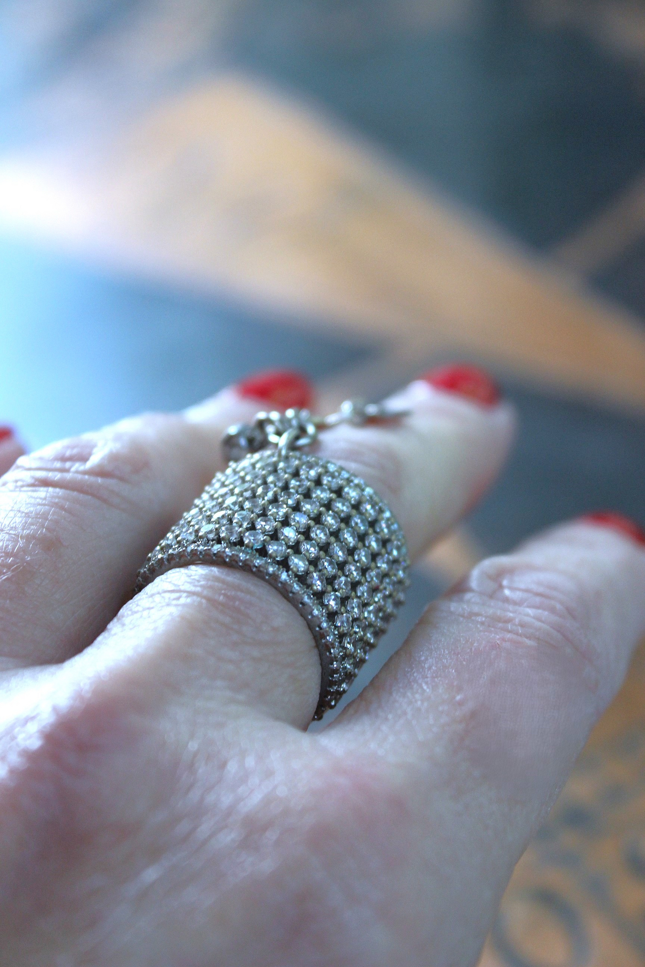 NEW! Unique Wide Band Ring with Crescent Moon, Star, Faceted Rock Crystal Tear Drop,Tiny Chain Tassel & Faceted Crystal Bead