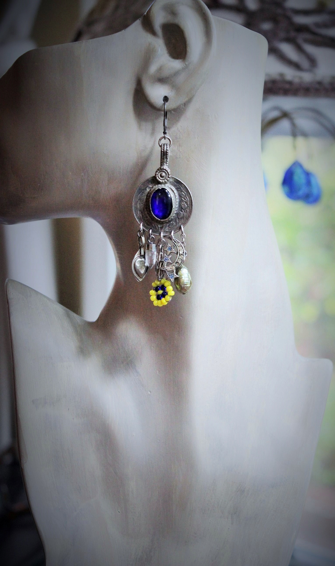 Gypsy Soul Earrings w/Antique Gypsy Findings,Beaded Banjara Flowers,Antique Paste Crescent Moon & Star Finding,Faceted Amethyst & More!