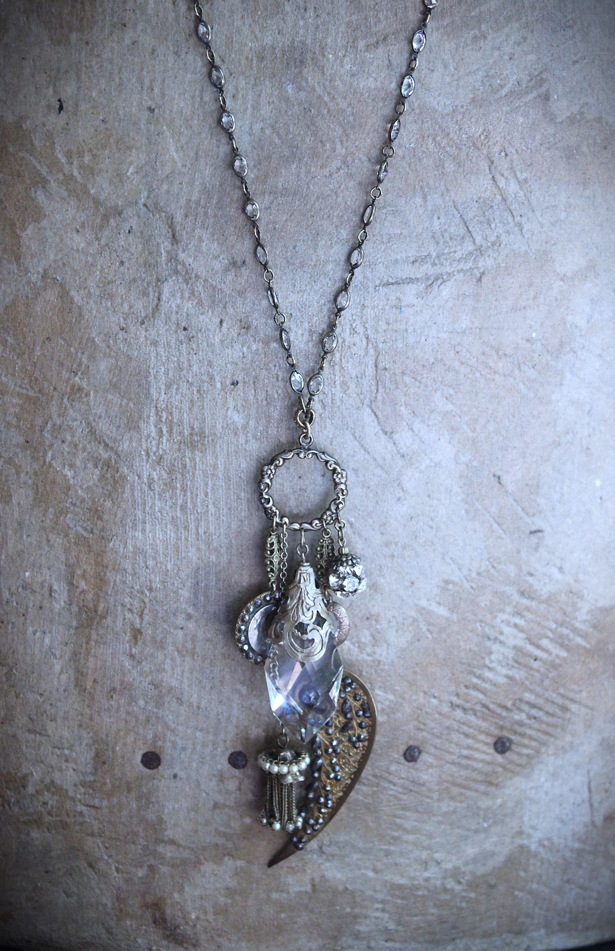NEW! Stardust Soul Necklace w/Unique Capped Faceted Crystal,Antique Cut Steel & Gold Angel Wing,Antique Cut Steel Moon & Star Drop & More!