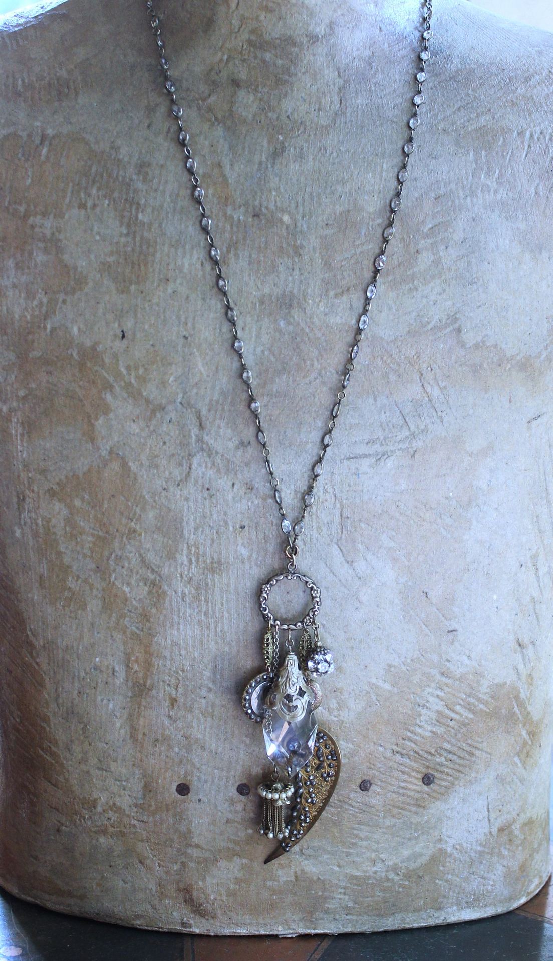 NEW! Stardust Soul Necklace w/Unique Capped Faceted Crystal,Antique Cut Steel & Gold Angel Wing,Antique Cut Steel Moon & Star Drop & More!