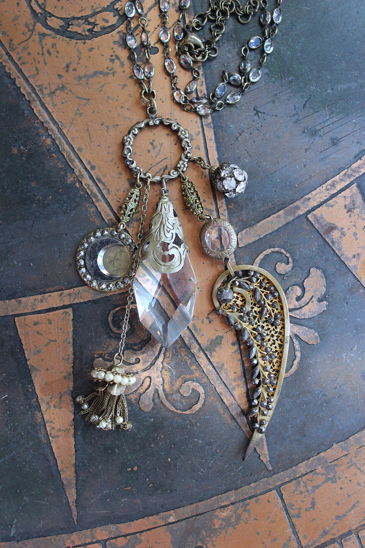 NEW! Stardust Soul Necklace w/Unique Capped Faceted Crystal,Antique Cut Steel & Gold Angel Wing,Antique Cut Steel Moon & Star Drop & More!