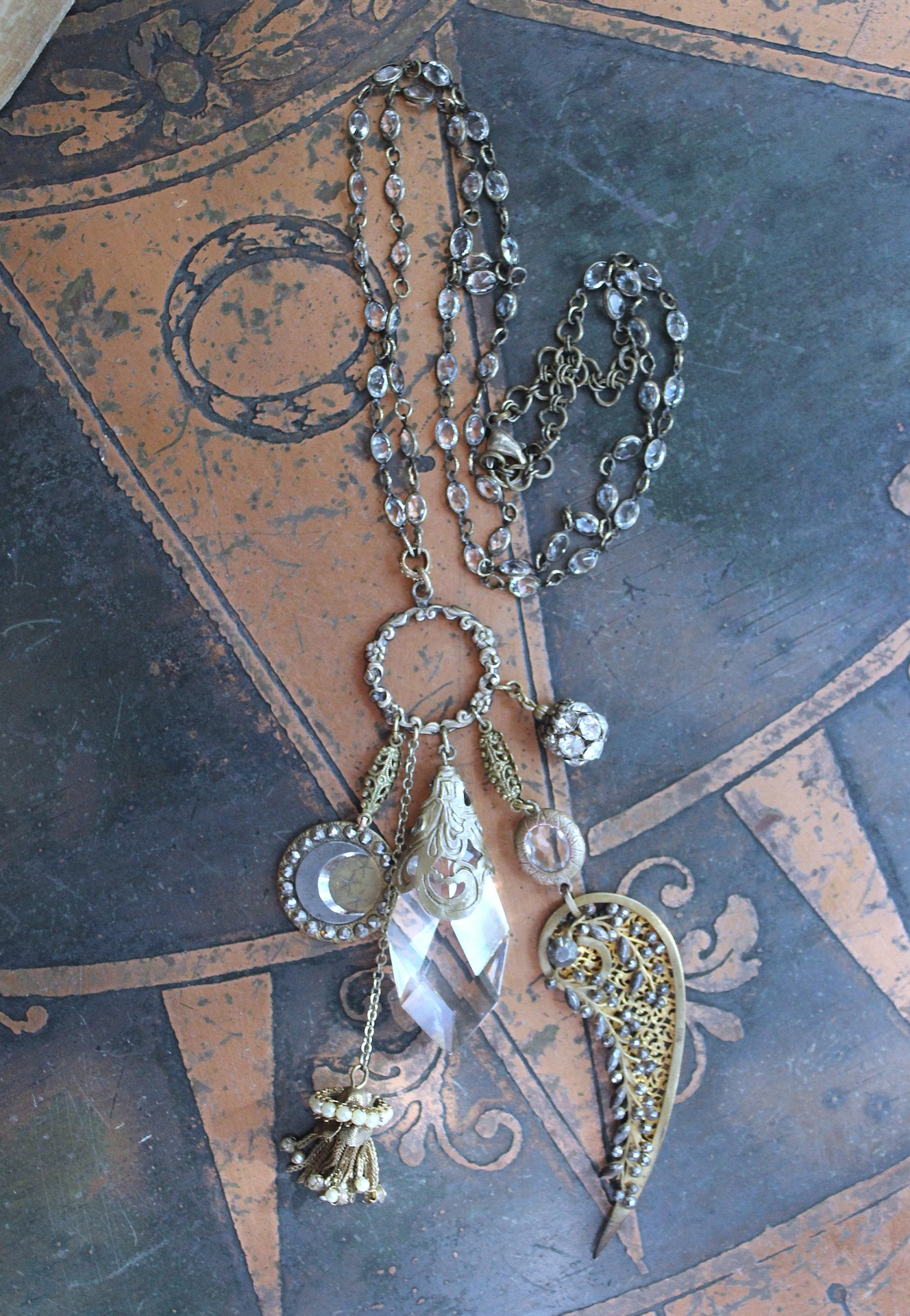 NEW! Stardust Soul Necklace w/Unique Capped Faceted Crystal,Antique Cut Steel & Gold Angel Wing,Antique Cut Steel Moon & Star Drop & More!